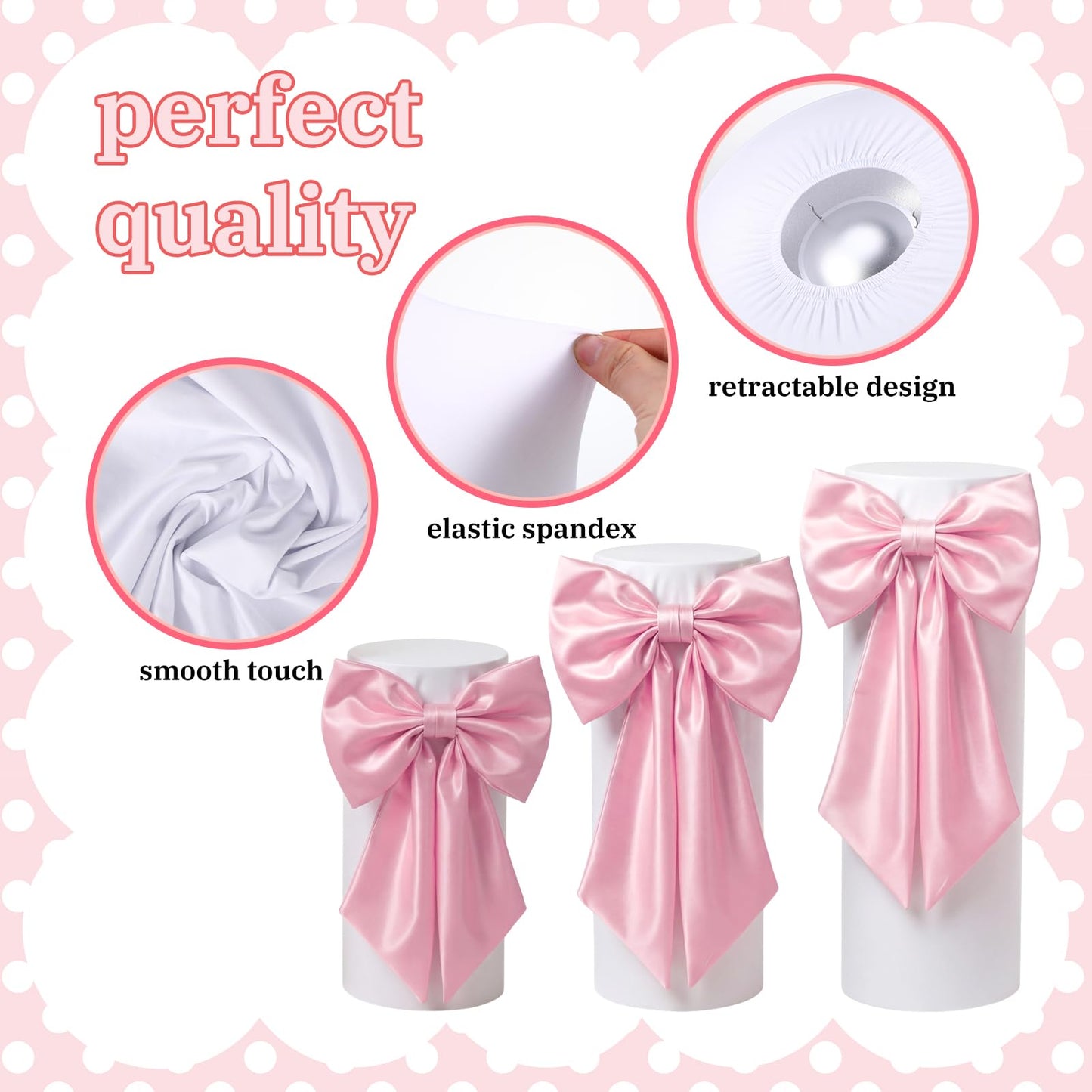SmoothNovelty 3 Pcs Pink Bow Cylinder Pedestal Stand Covers Spandex Flexible Display Pedestal Covers Round Plinth Pillar Wrap for Birthday Party Wedding Baby Shower Decor