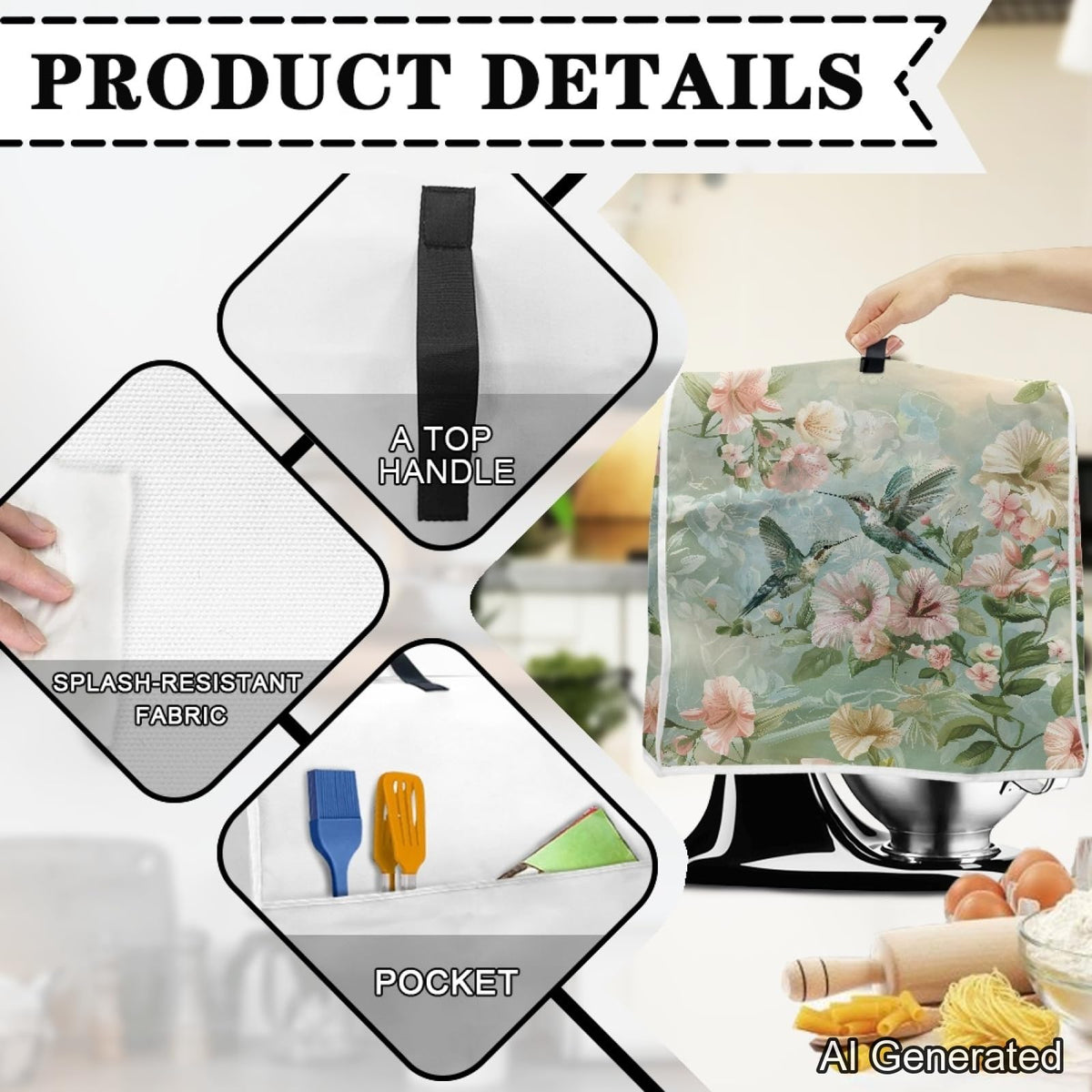 YUVAMAGIMO Floral Hummingbird Foldable Portable Mixer Cover | Dust Protector with Handle & Pocket | 6-8 Quart Kitchen Appliance Protector for Home Decor