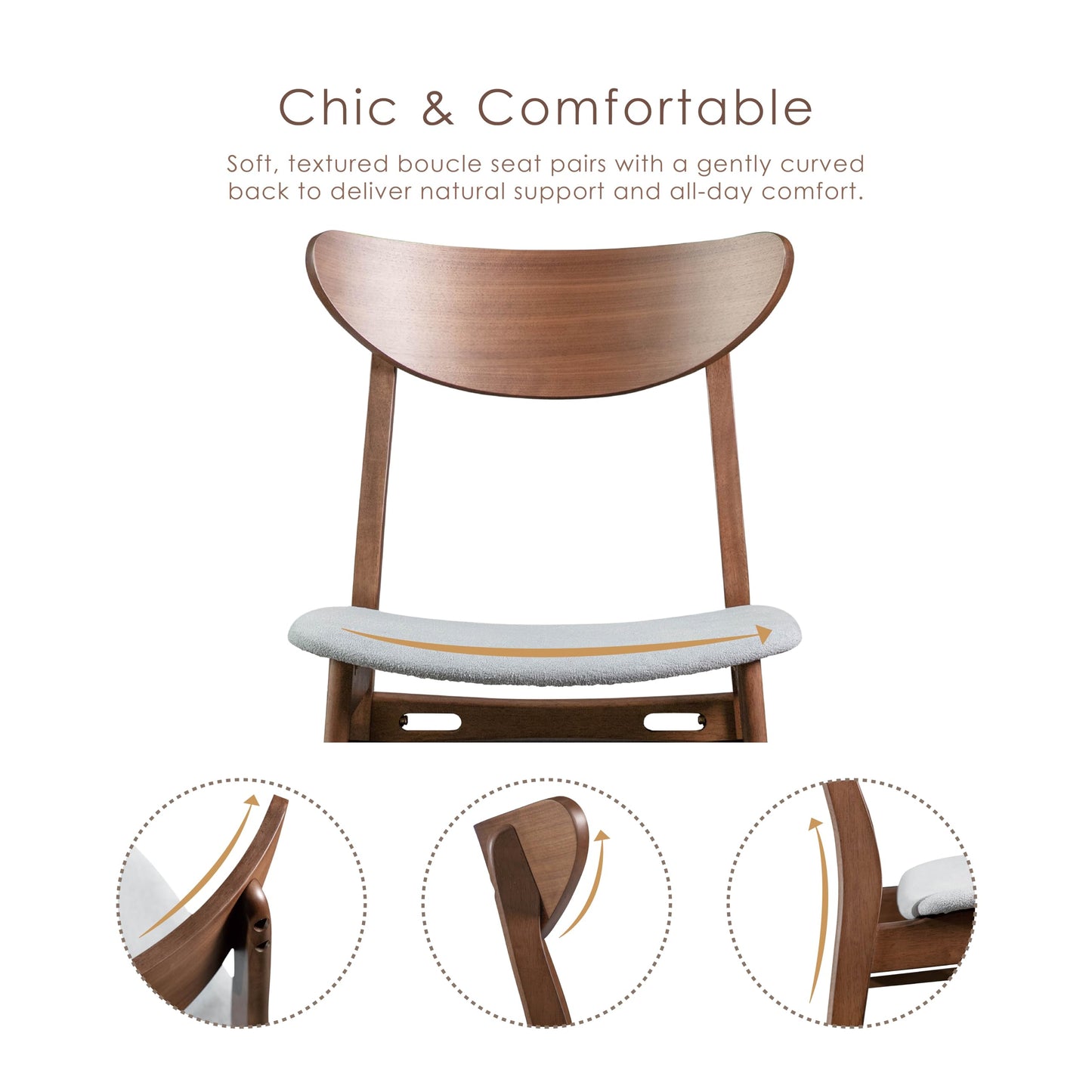Furniture of America Beck Mid-Century Modern Dining Chairs Set of 2, Solid Wood with Curved Backrest and Angled Legs, Boucle Fabric Padded Seat for Dinner Room, Kitchen, or Living Space, Walnut Brown