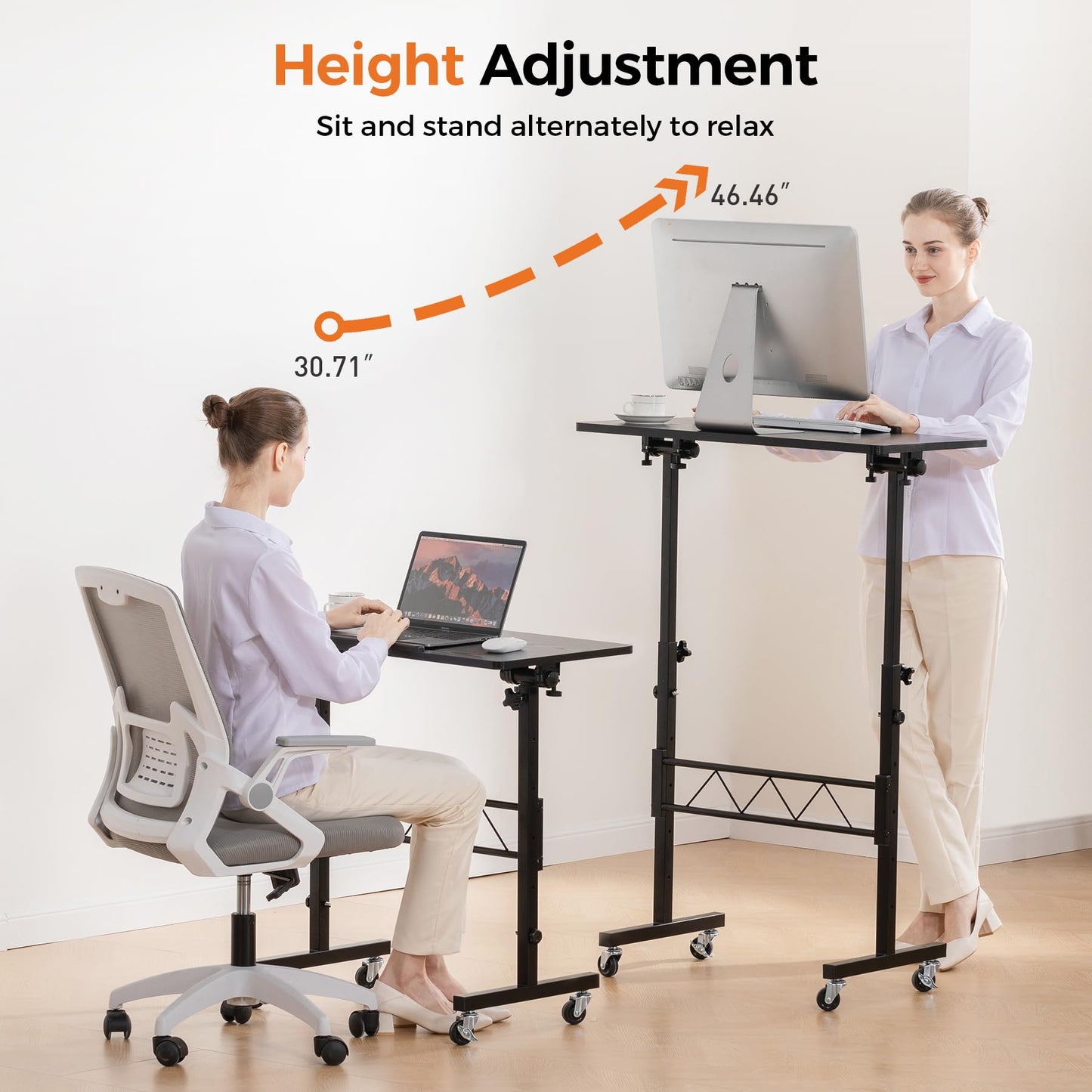 COMHOMA Standing Desk Adjustable Height & Tiltable Tabletop, Portable Stand Up Desk for Laptop, Mobile Folding Desk for Home Office Work and Walking Pad Treadmill, Height 30.7"-46.4", Black