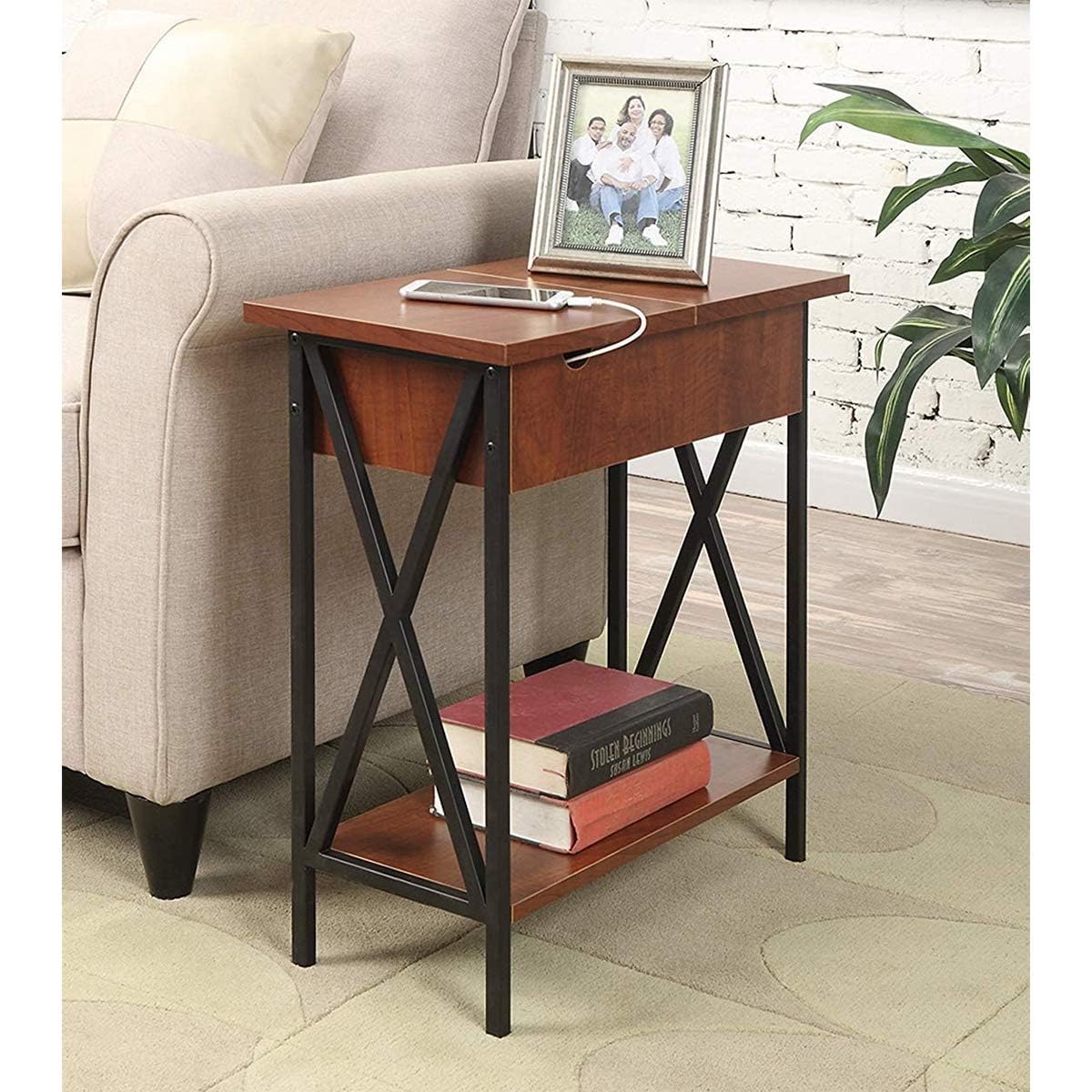 Convenience Concepts Tucson Electric Flip Top Table in Cherry Wood and Black Metal Frame