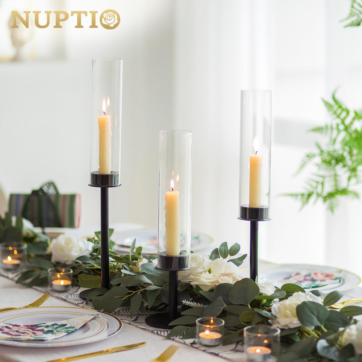 NUPTIO Black Candlestick Holders for Centerpiece: Set of 3 Hurricane Taper Holder with Windproof Glass Cover Long Stem Cylinder Metal Candle Sticks Stands for Halloween Christmas Table Decoration
