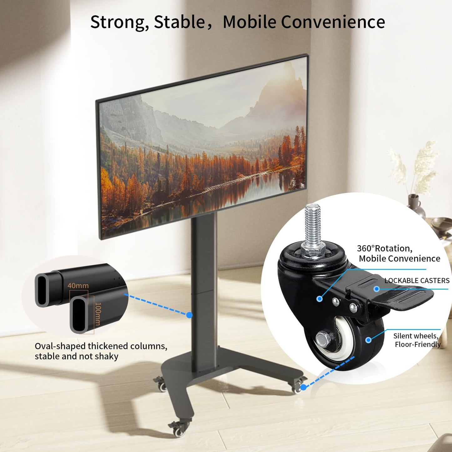 GUZHIKU Rolling TV Stand with Lockable Wheels for 37-80 inch TVs Hold 129 lbs, Mobile TV Stand Vertical and Horizontal Rotate ±90°, Height Adjustable TV Cart, Landscape to Portrait Max VESA 800x600