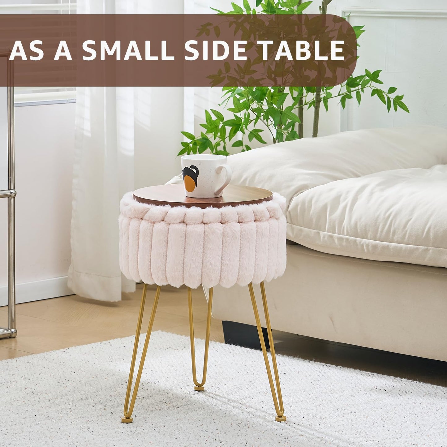 Wimarsbon Vanity Stool with Storage, Faux Fur Ottoman Chair with Metal Legs, Round Makeup Vanity Chair for Bedroom or Dressing Table, Modern Small Ottoman Seat (Champagne-1)