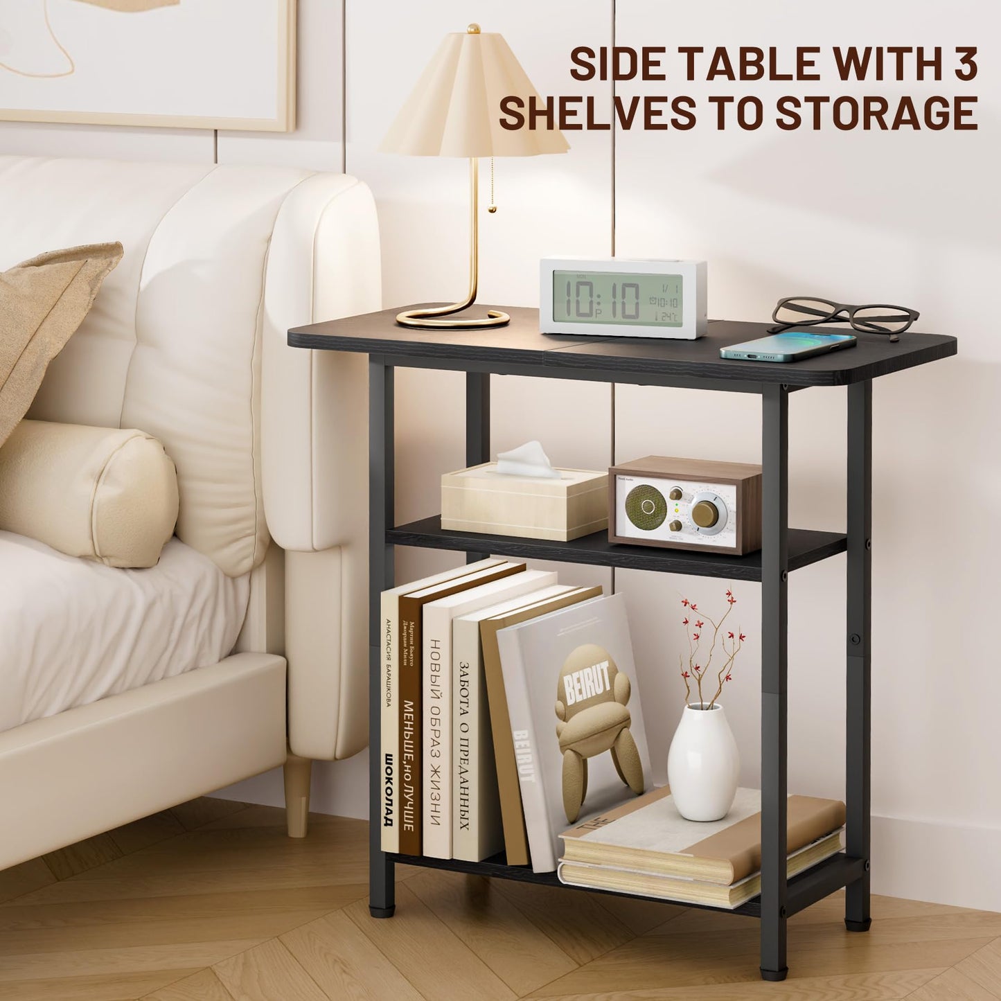SLEEPING LAMB Side Table for Living Room, 3-Tier End Table for Small Space with Wide Storage Tabletop, Classic Black Narrow Nightstand for Bedroom, Sofa Couch