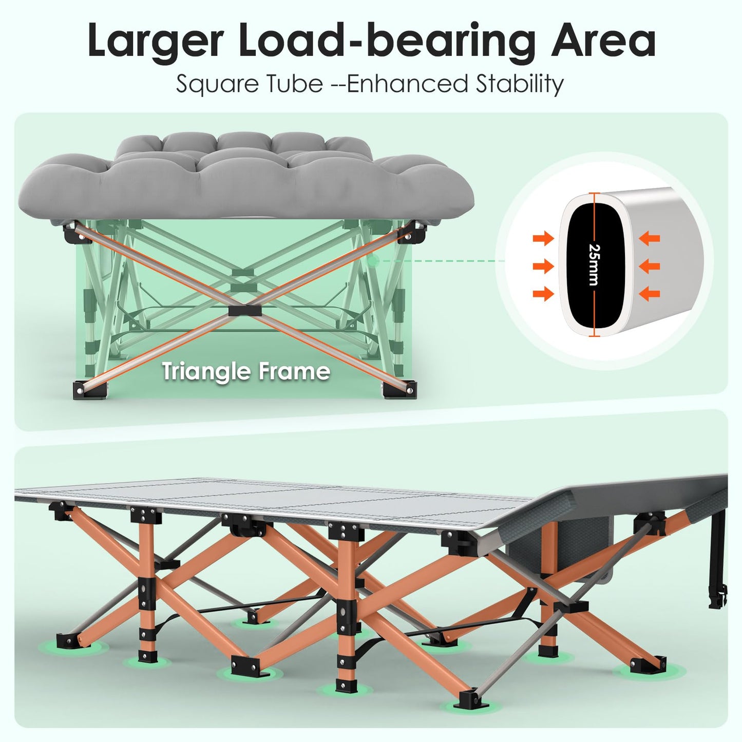 Suteck Camping Cot, Folding Camping Cot Bed for Adults Sleeping 1200D Double Layer Oxford Portable Folding Outdoor Cots for Camping W/Soft Pad Carry Bag for Home Office Nap Beach Travel, 500LBS,Grey