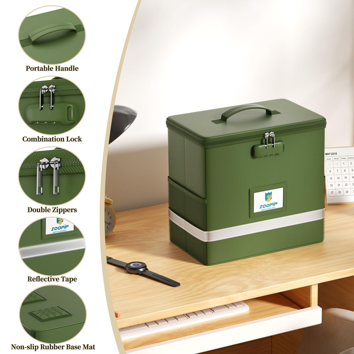 ZOOPIP Fireproof File Box with Lock, Document Box Storage Organizer, Suitable for Hanging File Folders in Letter Size, Collapsible File Box, Reflective Strip for Fast Find (12.2"*6"*10.2, Green)