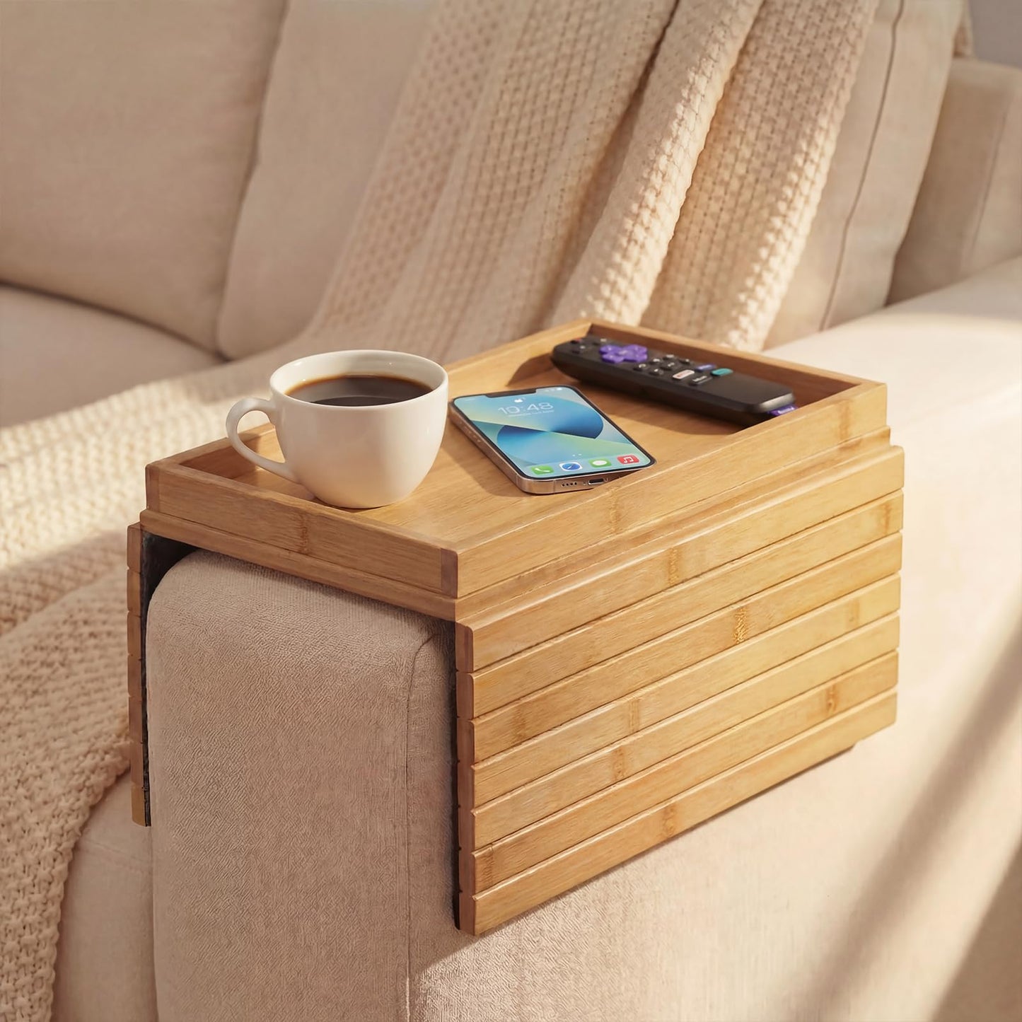 B-Zefyrn Sofa Arm Tray, Foldable Bamboo Couch Armrest Table with Large 12.5" x 5.8" Storage Compartment, Portable Chair Couch Caddy Arm Tray for Cup TV Snacks Phone