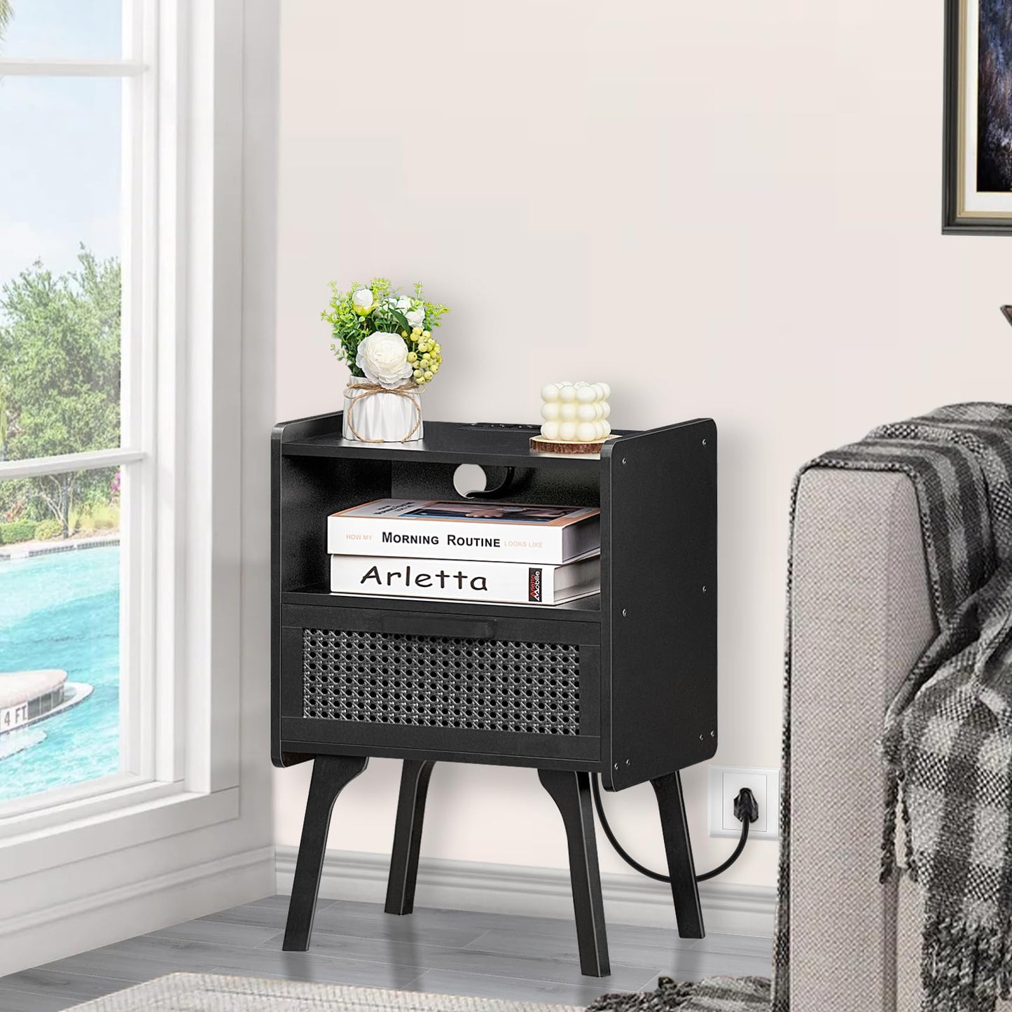 Lerliuo Rattan Nightstand with Charging Station, Side Table with Drawer Open Shelf, Cane Bedside End Table with Solid Wood Legs, Mid Century Night Stand for Bedroom, Dorm and Small Spaces (Black)