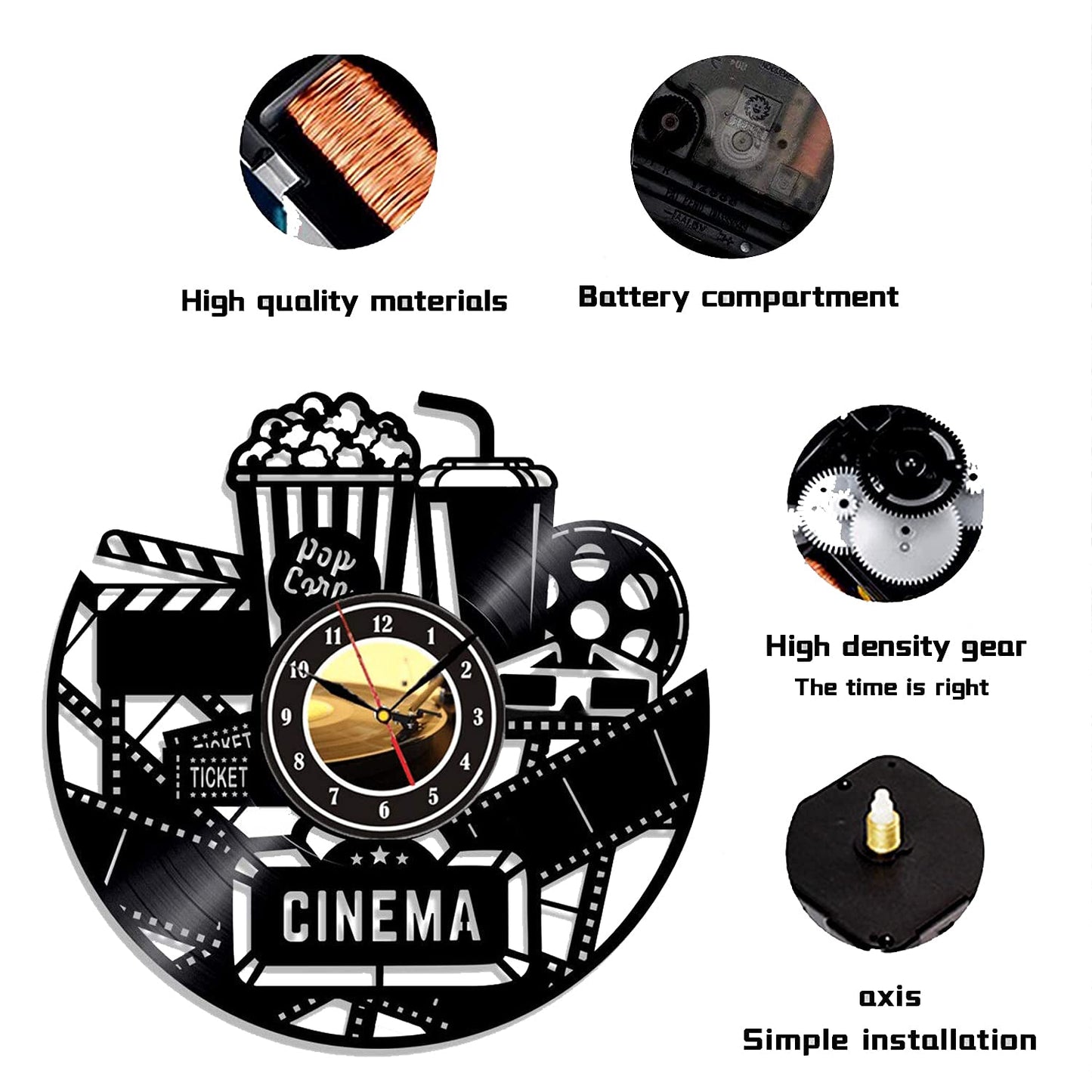 Home Theater Cinema and Popcorn Vinyl Record Wall Clock Movie Film Time Clock Watch Room Wall Home Theater Wall Decor Wall Art Gift for Movie Lover (NO LED)