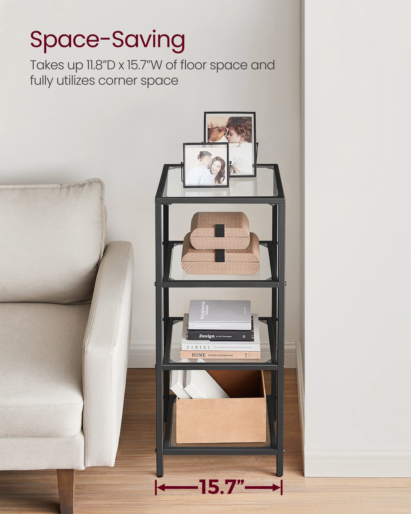 VASAGLE Bookcase, 4-Tier Bookshelf, Slim Shelving Unit for Bedroom, Bathroom, Home Office, Tempered Glass, Steel Frame, Ink Black ULGT028B61