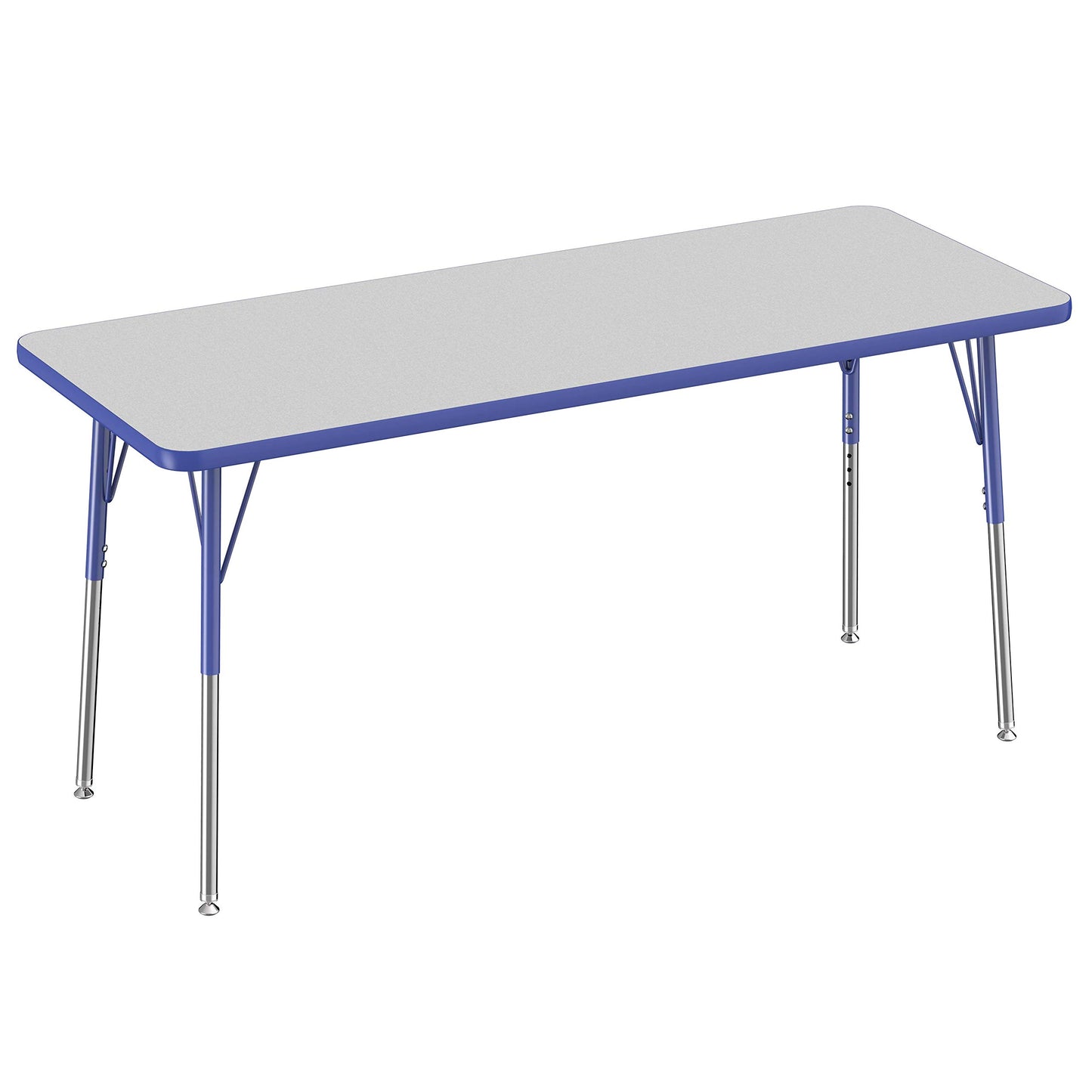 FDP Rectangle Activity School and Office Table (24 x 60 inch), Standard Legs with Swivel Glides, Adjustable Height 19-30 inches - Gray Top and Blue Edge