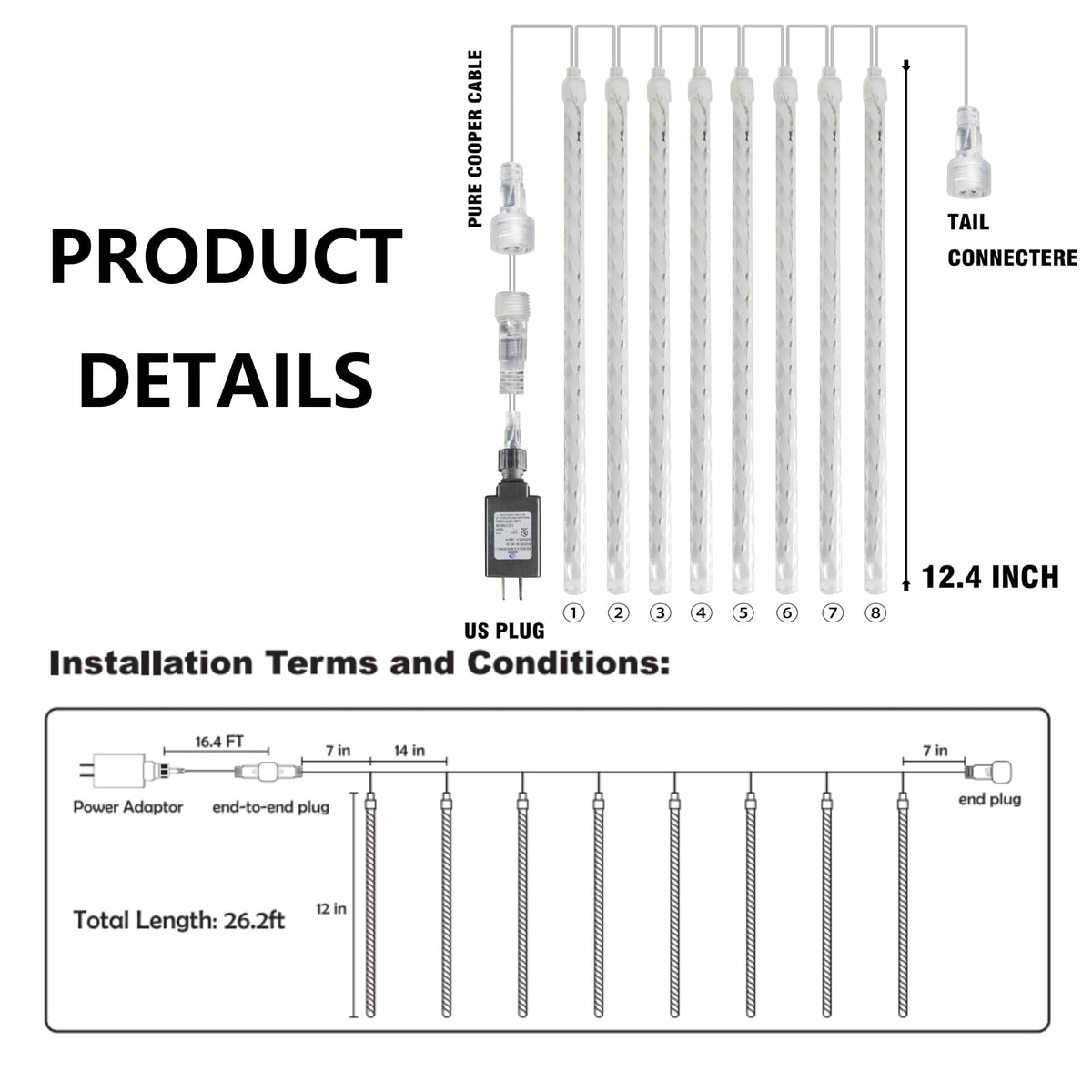 TW SHINE White Christmas Meteor Shower Lights Outdoor, 288LED 12" 8 Tubes Waterproof Christmas Lights Outdoor Plug in, Snow Falling Rain Icicle Xmas Light Decorations, White