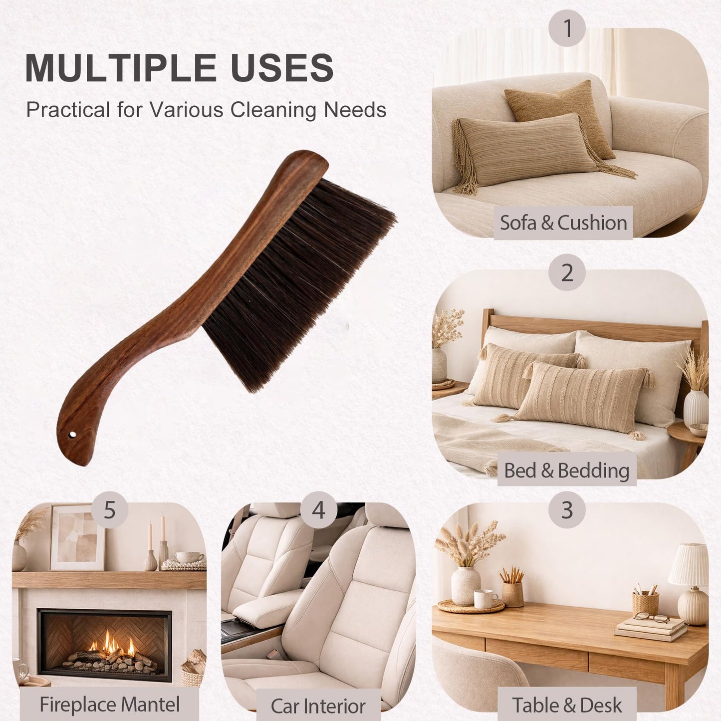 Hand Broom Dust Brush, Curved Wooden Bench Brush with Balanced Firmness Bristles for Couch, Bed, Car & Desk, Foxtail Brush & Crumb Sweeper with Drawstring Bag, Lanyard & Hook