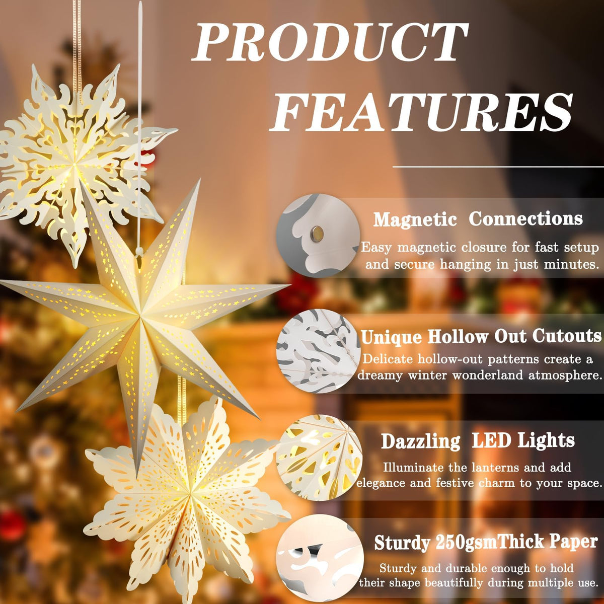 Winter Wonderland Snowflake Party Decorations, Christmas Hanging Decor, White Paper Star Snowflake Lanterns with Lights Paper Fans Garlands Set for Christmas Frozen Winter Birthday Wedding Party Decor