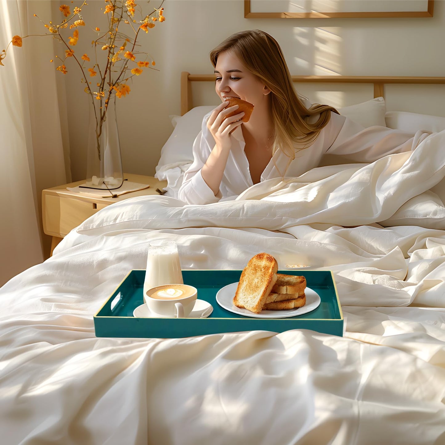 MAONAME Teal Serving Tray with Handles, Modern Decorative Tray for Coffee Table, Plastic Rectangular Trays for Ottoman, Bathroom, Decor, 15.8” x 10.2” x 1.4"