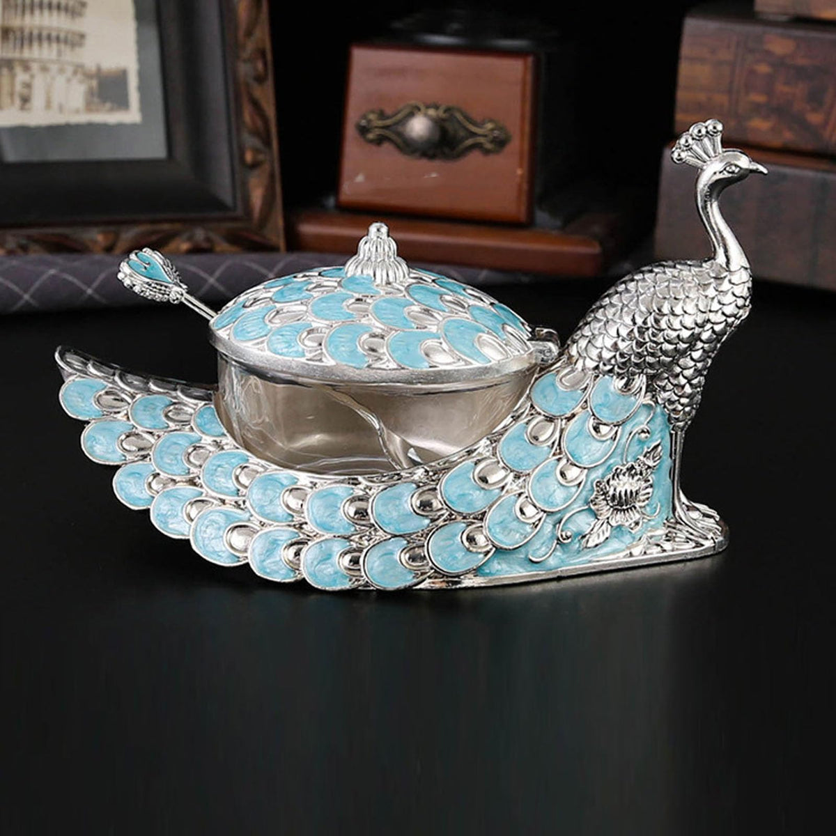 NOENNULL Sugar Bowl with Lid and Spoon Peacock Shaped Vintage Exquisite Embossed Sugar Container for Home Kitchen Coffee Bar Accessories