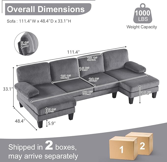 Karl home U-Shape Sectional Sofa Couch 111" Modern 4-Seat Sofa