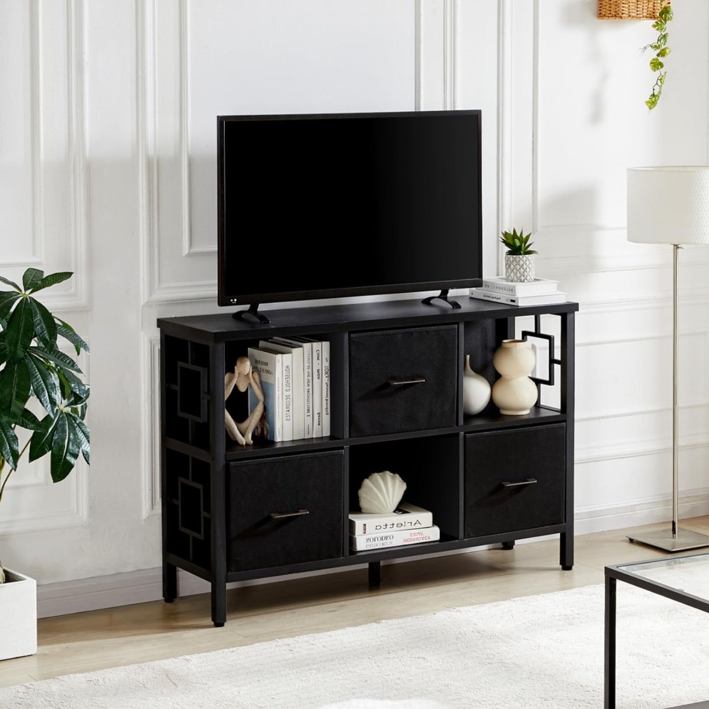 HOMISSUE 6 Cube Storage Organizer Shelf, Rustic Short Bookshelf with 3 Storage Bins, Industrial Horizontal Bookshelf with Metal Frame, Low and Wide Cube Bookcase for Living Room and Office, Black