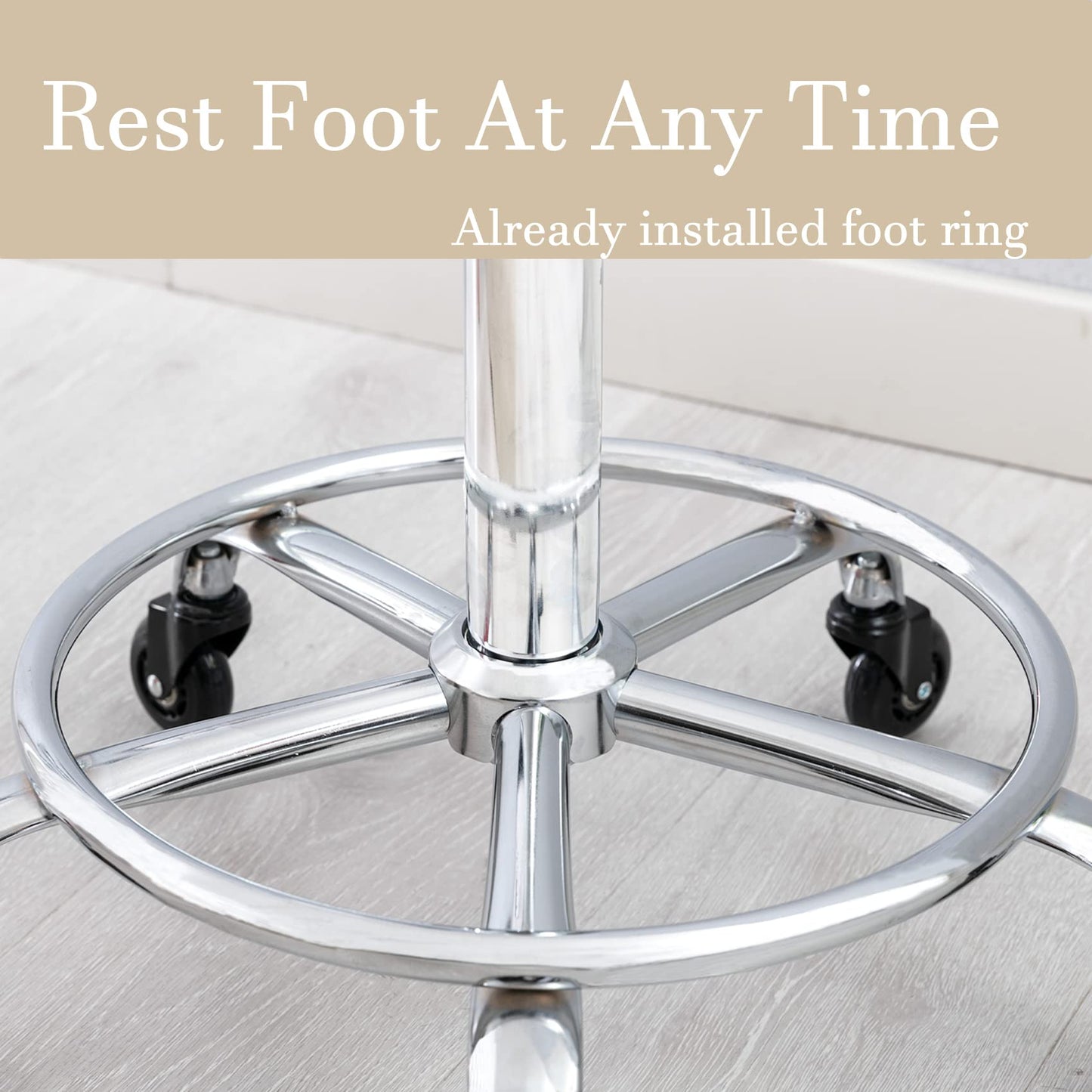 CoVibrant Heavy Duty Adjustable Rolling Stool with Wide Seat, Lockable Rubber Wheels & Footrest - Swivel Stool Chair for Kitchen, Lab, Office, Salon, Home (Cream, 24''-31'')