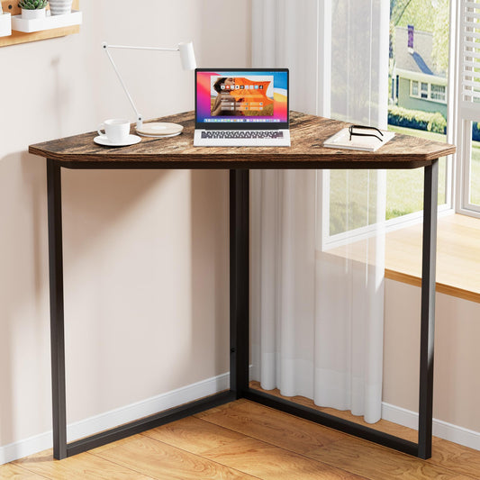 VECELO Corner Desk,Office Tables for Living Room for Small Space Triangle Computer Desk with Steel Frame Corner Shelves with Metal Frame Writing Desk for Workstation Classic Rustic Brown 33.1"
