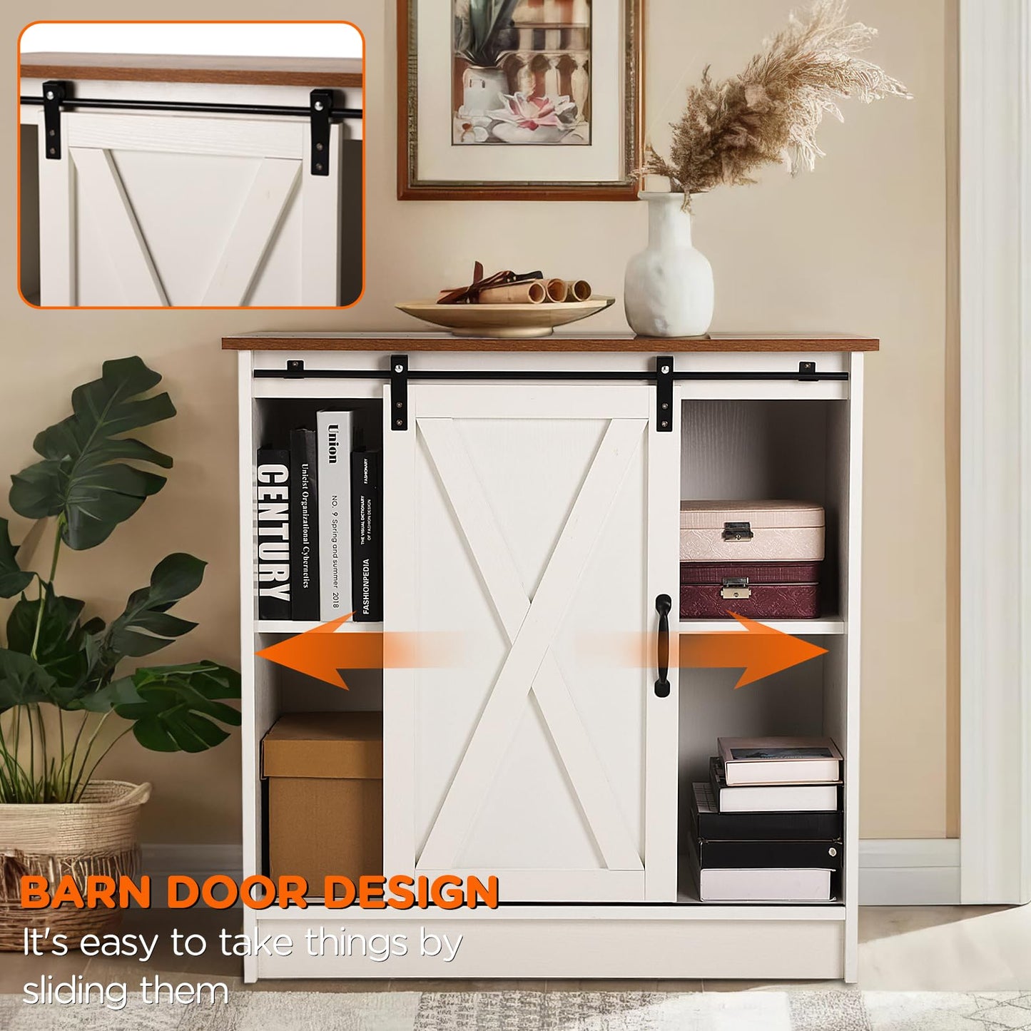 COSYSUPER White Coffee Bar Cabinet with Storage, Farmhouse Coffee Bar Cabinet, Coffee Bar Table with Sliding Barn Door, Coffee Bar & Adjustable Shelves, for Kitchen, Dining Room, Living Room