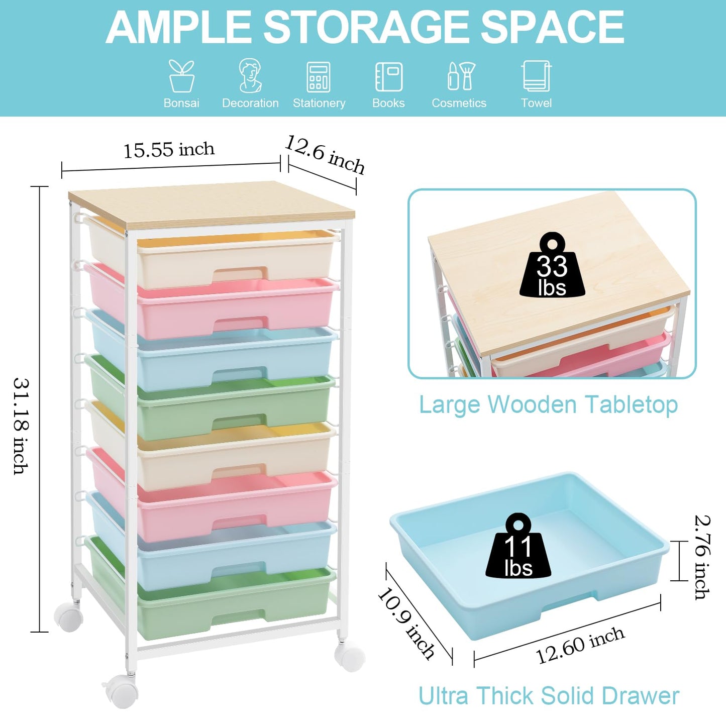 SYKIARIOL Rolling Storage Cart with Drawers,Utility Cart With 8 Drawers and Wooden Tabletop,Rolling Drawer Cart,Storage Drawer Cart for Living Room,Classroom,Bedroom,Bathroom,Dorm,Office,Rainbow