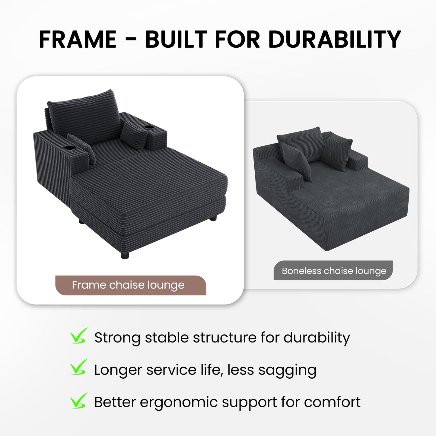 GRUSIGN 64" Chaise Lounge Chair Indoor, Oversized Sleeper Chair with Wood Frame, Corduroy Bedroom Couch, Reading Chair for Living Room, Deep Seat Sofa Bed with 2 Cup Holders