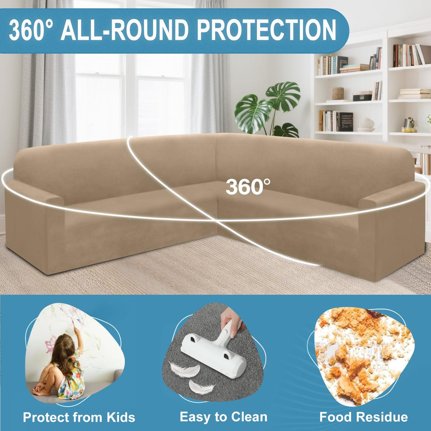 HDCAXKJ Corner Sectional Couch Covers Velvet Stretch L Shape Sofa Cover Soft Thick Sectional Slipcovers U Shaped Living Room Non Slip Magic Furniture Protector for Pet Dogs (Light Coffee, X-Large)