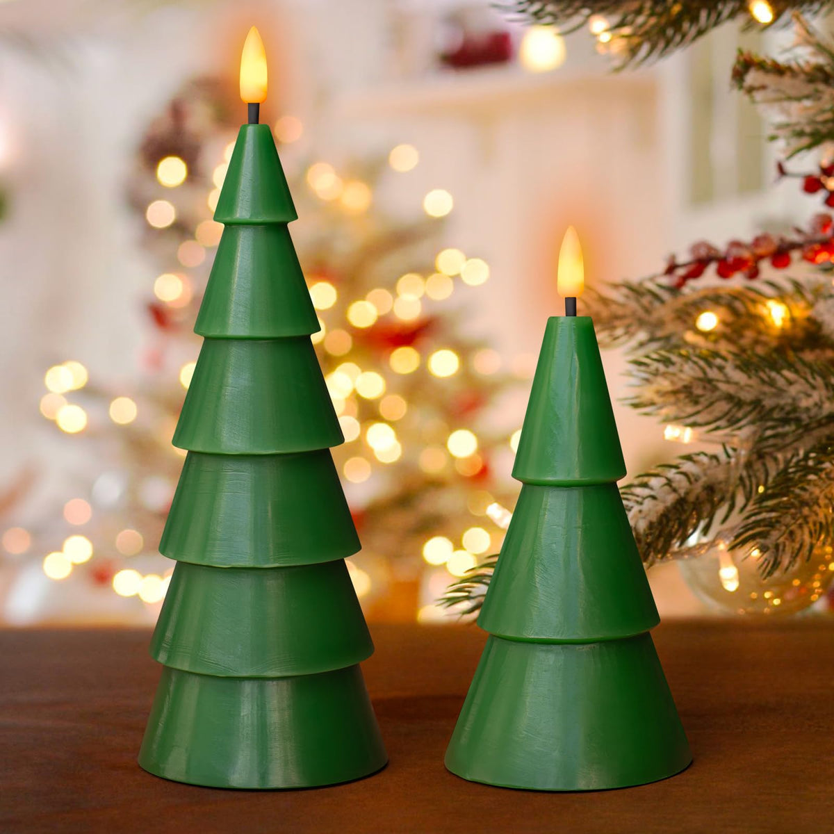 Yongmao Christmas Tree Shaped Flickering Flameless Candles, Green Real Wax Battery Operated LED Candles with Timer for Home Party Table Decoration Christmas Gift Set of 2
