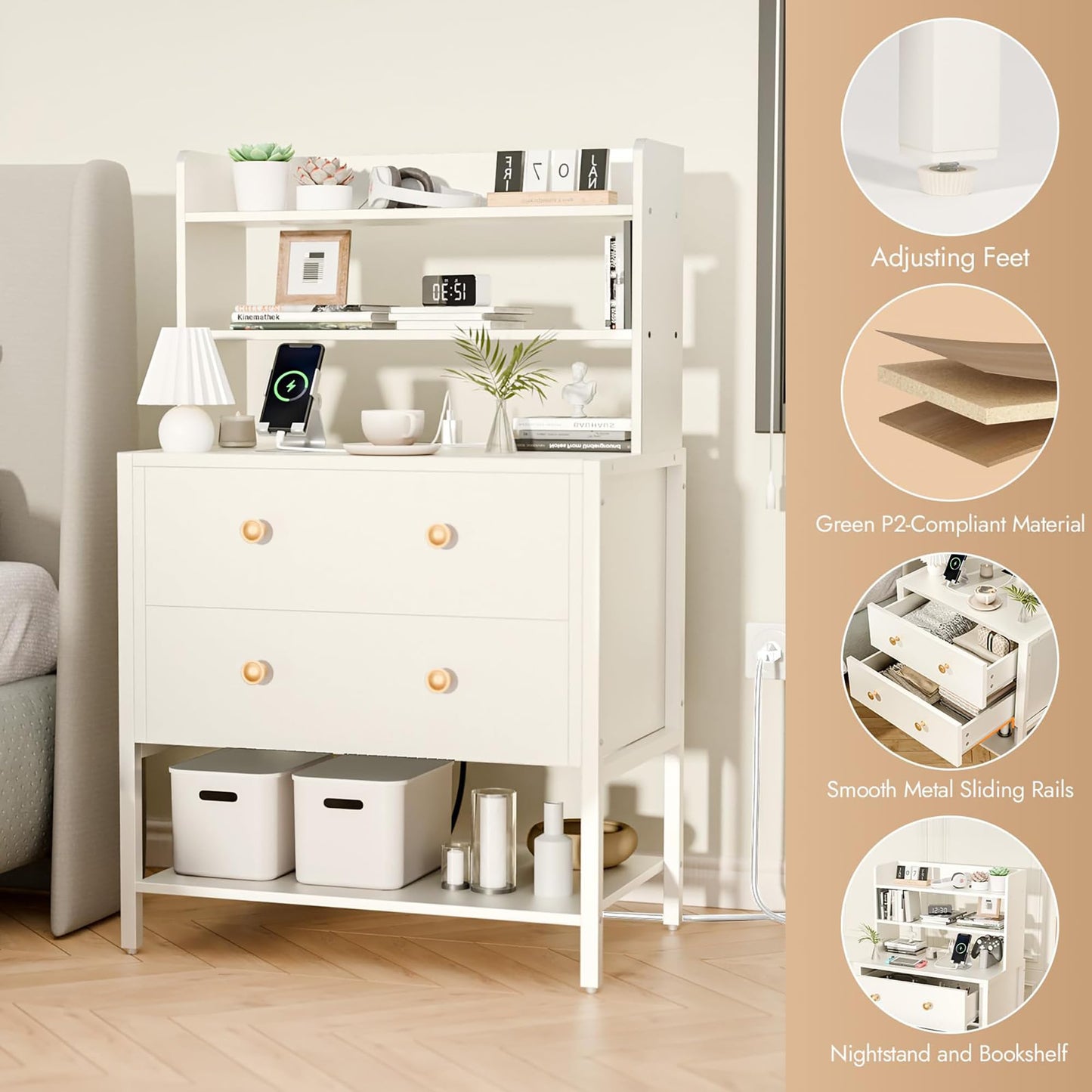 PATAVOT 24 Inch Wide Night Stand, Large Wooden Night Stand with 2 Adjustable Drawes, Tall Nightstand with 4-Tier Shelves and Charging Station, Bedside Table for Living Room/Bedroom/Office, White.