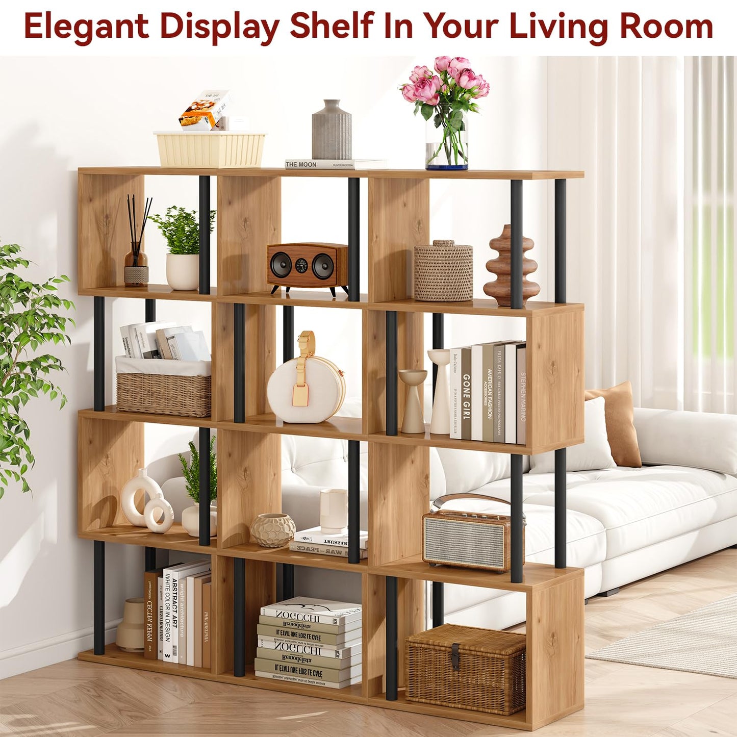 IBUYKE 5-Tier Tall Bookshelf,S-Shaped Geometric Bookcase, Wood Display Shelves with Storage,Modern Bookshelf for Living Room Bedroom, Home Office,Oak WBC015K