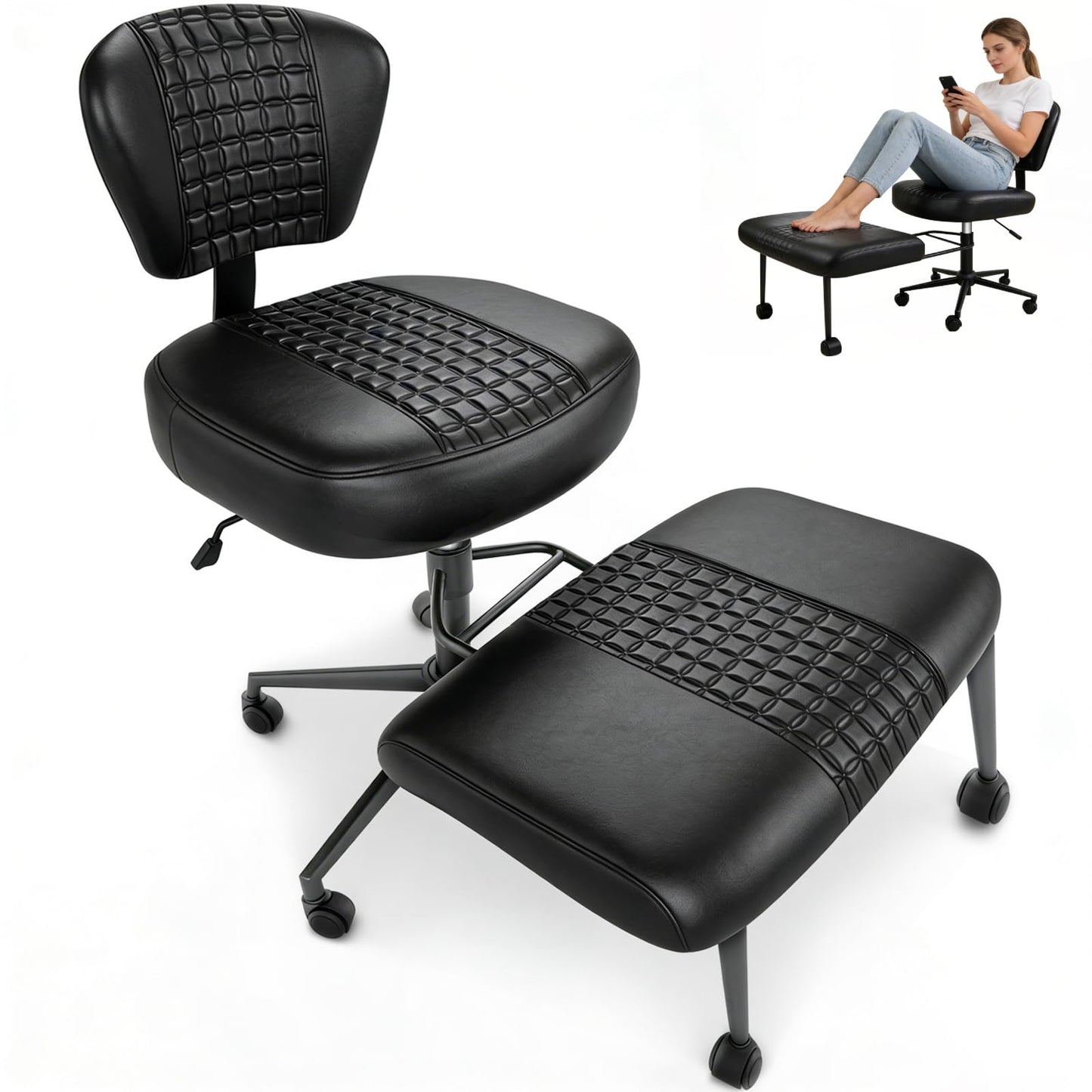 Ergonomic Cross Legged Office Chair with Footrest, 360° Swivel Height Adjustable PU Criss Cross Chair, Wide Seat & Back Support for Home Office, ADHD, Black