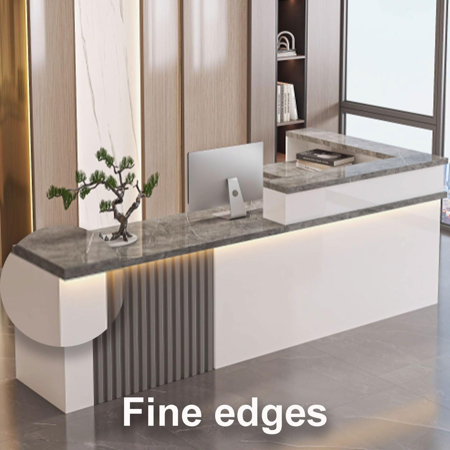 Stylish Modern Reception Desk with LED Light, Office Counter Table for Beauty Salons & Lobbies, 120cm White & Gray Finish, Space-Saving Storage Furniture