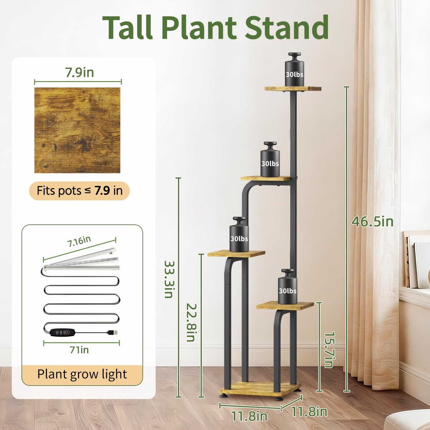 LASZOLA 5 Tiered Plant Stand Tall for Indoor Corner with Grow Lights, Modern Multiple Flower Display Rack with Wooden Tray, Vertical Planter Shelf for Living Room Bedroom Patio Garden Balcony, Black