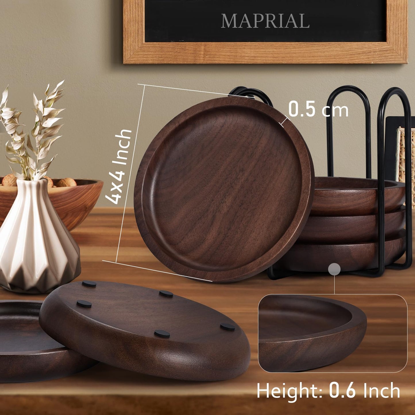 MAPRIAL Wood Coasters Set of 4 with Holder, 4 Inch 100% Natural Walnut Wooden Drink Coasters for Housewarming Gifts New Home, Gifts, Wedding, Coffee Table, Office, Home Decor, Bar, Christmas