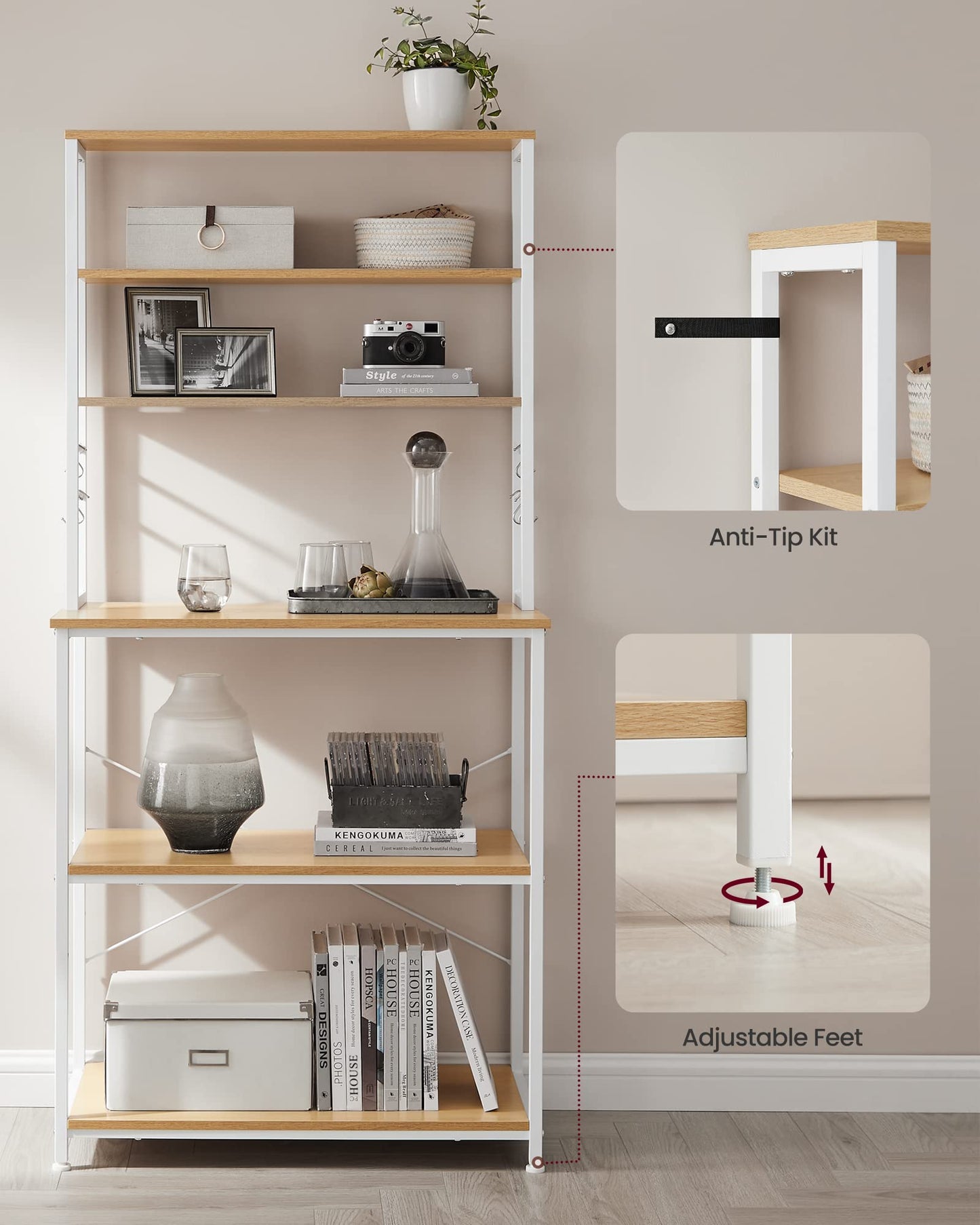VASAGLE Coffee Bar, 31.5 Inches Baker's Rack for Kitchen with Storage, 6-Tier Kitchen Shelves with 6 Hooks, Microwave Stand, Modern, Golden Oak and Cloud White UKKS019W09