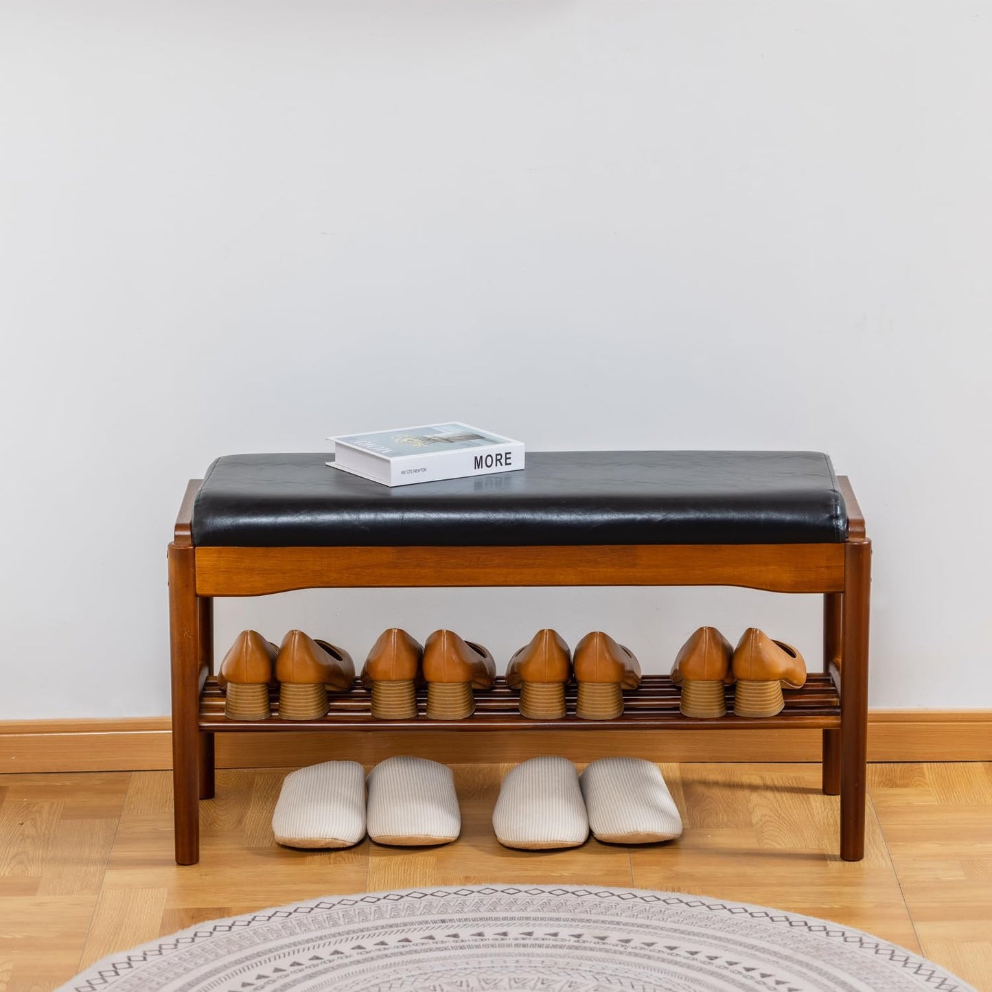 SOBIBO Entryway Shoe Bench with Cushioned Seat, 2-Tier Rubberwood Shoe Rack Storage Organizer for 8-12 Pairs, 31.5" Shoe Storage Bench (Black)