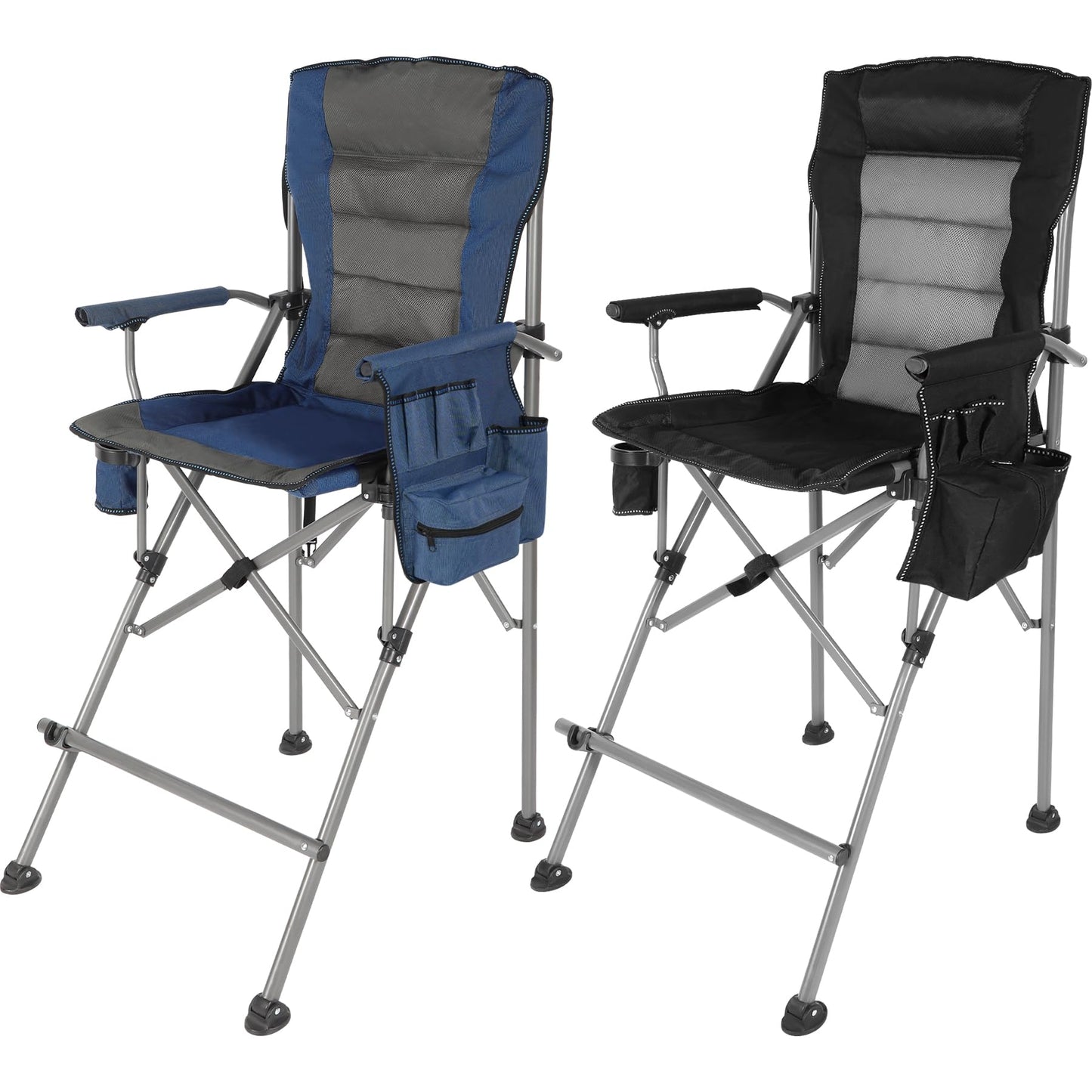 Stonehomy Extra Tall Folding Chairs for Adults 2 Pack, Portable Bar Height Foldable Director Chairs for Camping Outside, Comfortable with Makeup PocketHigh Back and Footrest, Blue and Black