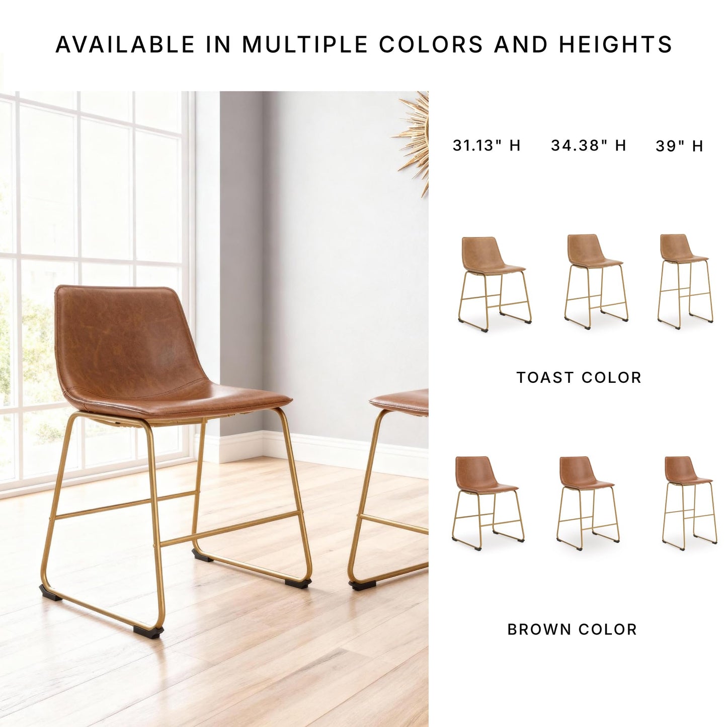 Signature Design by Ashley Lexadine Dining Chairs Set of 2, Mid Century Modern Bucket Seat, Faux Leather Upholstery with Gold Legs, Casual Seating for Kitchen and Dining Rooms, Light Brown