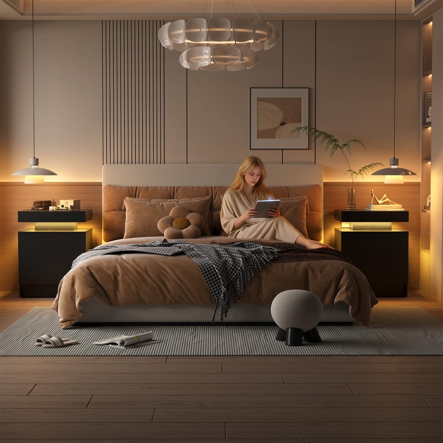 SMORBOSS LED Nightstands Set of 2, Modern Black Night Stand End Tables with APP & Remote Control LED Lighting, 2 Drawers, Open Shelf Storage, Bedside Tables for Bedroom and Living Room