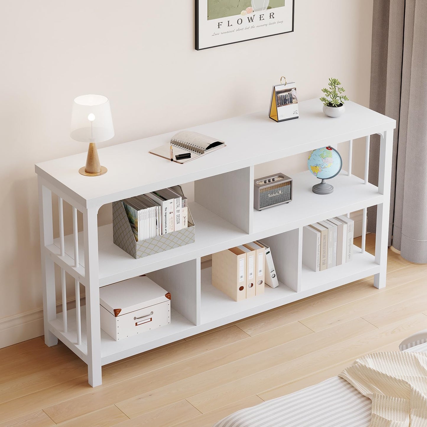 IBF White Wood Bookshelf, Industrial Horizontal Cubby Book Shelf, Low Open Shelf Bookcase for Office Living Room, Modern Short Wide 5 Cube Storage Organizer for Books Display Bedroom, White Oak, 47 In