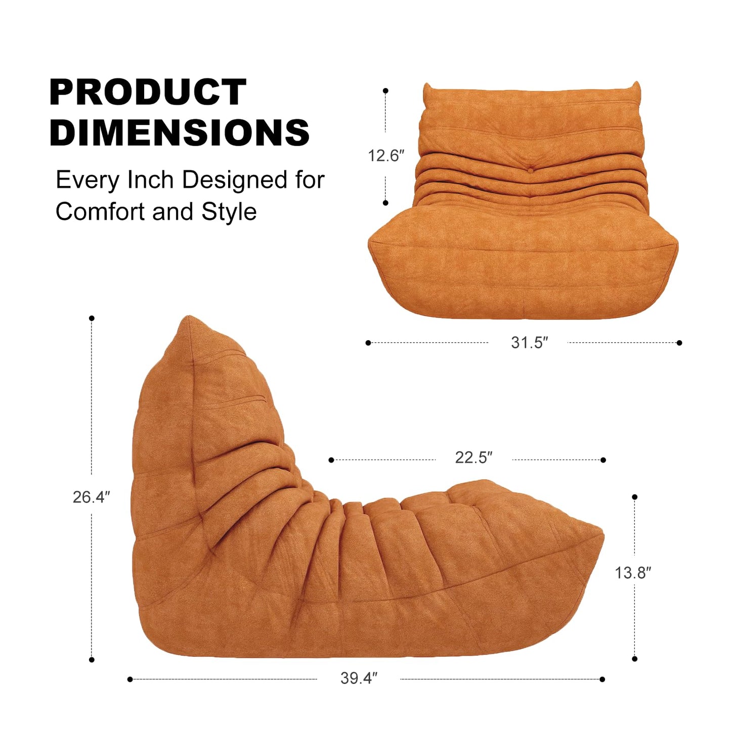 Snug Sofee Bean Bag Chair for Adults, Bean Bag Sofa - Adult Size with Soft Waterproof Fabric for Living Room, Apartments, Reading Corner, Gaming, and Movie Venue (DarkOrange)