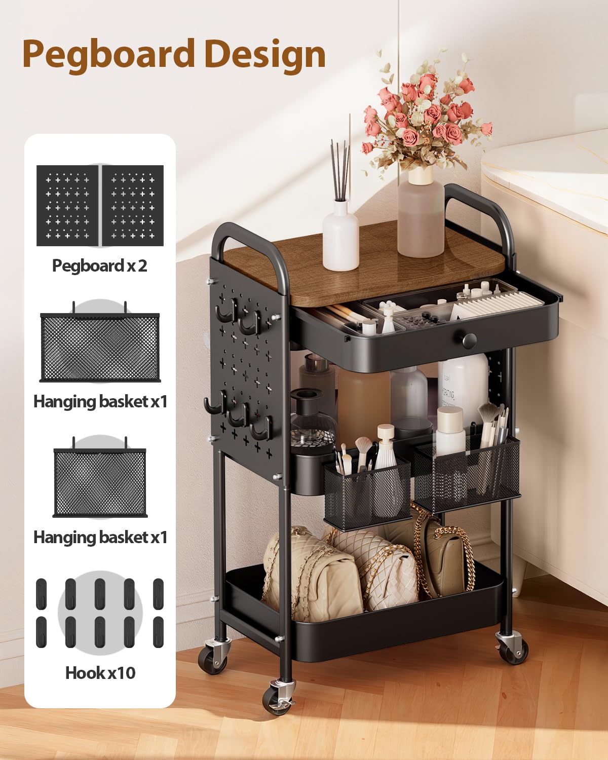 ALVOROG Rolling Cart with Drawer and Wood Table Top, 3 Tier Metal Rolling Utility Cart on Wheels with DIY Pegboards, Hanging Baskets, Hooks for Bedroom,Office,Craft Supplies