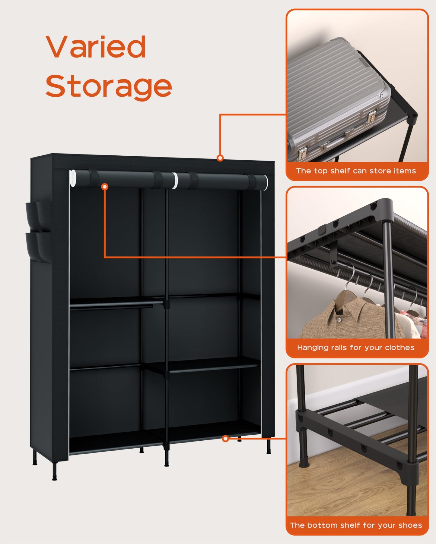 CASAMAYA Clothes Rack, Portable Closet, 54.7 Inch Large Capacity Wardrobe Closet with Cover, Clothes Storage Organizer with Shelves and 3 Hanging Rods, Easy to Assembly, Black PCT122B01