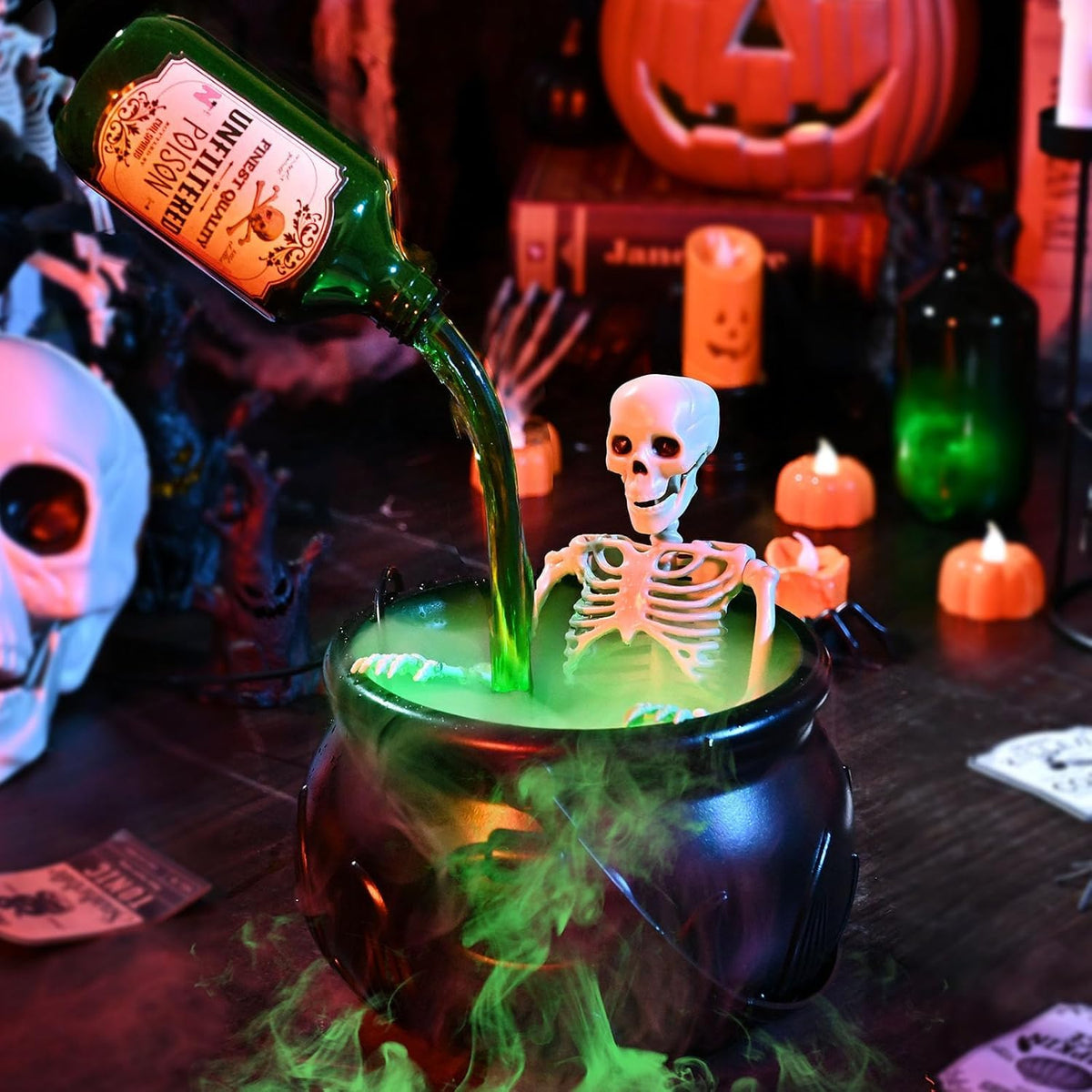 Halloween Decorations Indoor, Cauldron Halloween Decor with Magic Floating Potion Bottles and Diffuser - Black Witches Bowl Hocus Pocus Party Decoration for Spooky Home Kitchen Table (10in/25cm)