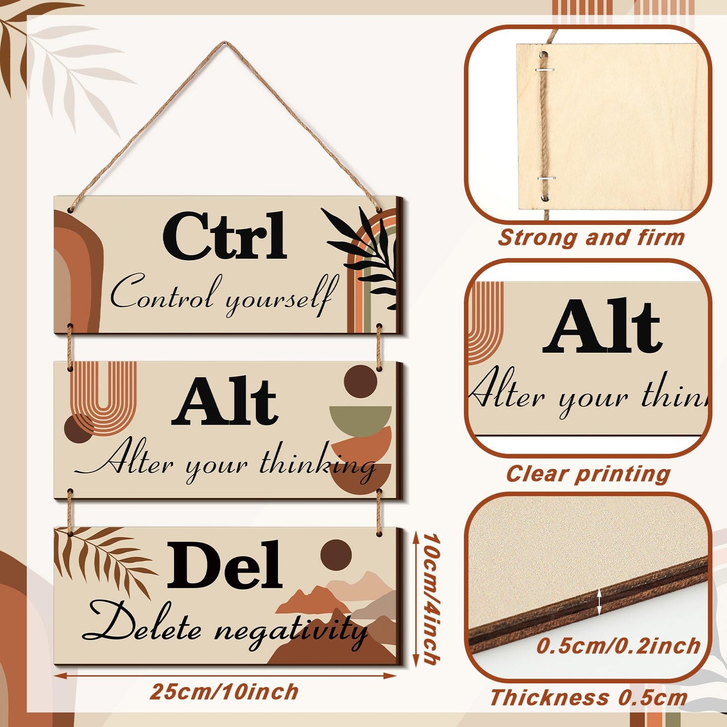 Lewtemi Boho Office Wall Decor Summer Inspirational Signs Rustic Wooden Ctrl Alt Del Decor with Saying Hanging Motivational Wall Plaques for Office Women Door Home Work(Brown)