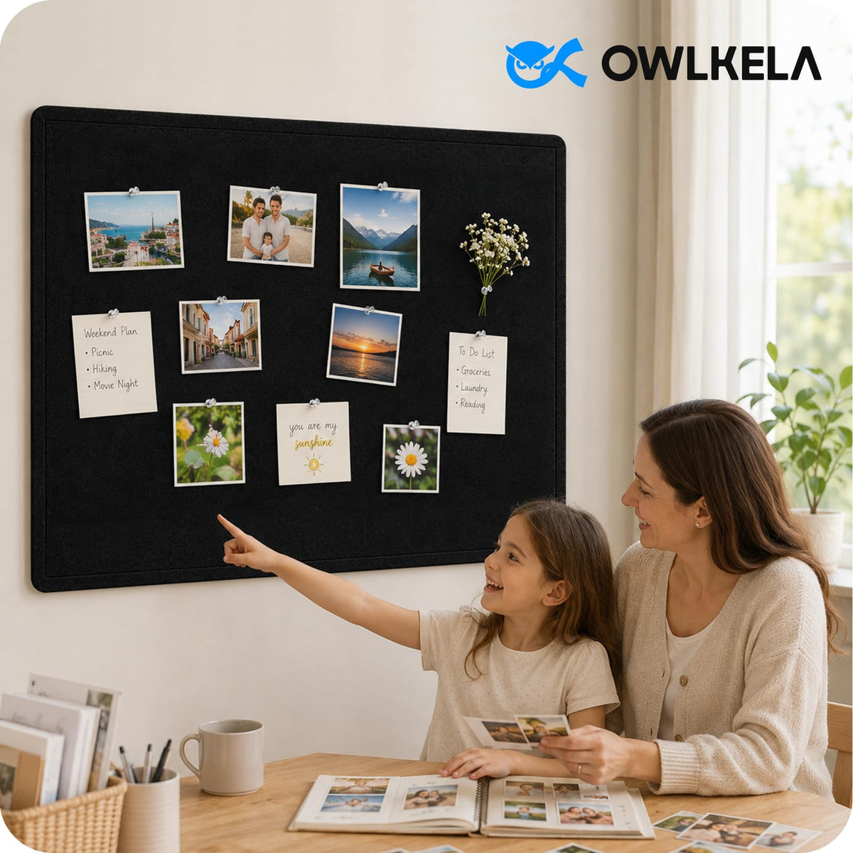 OWLKELA 36 x 24 inch Felt Bulletin Board, Self-Adhesive Pin Board with 20 Pushpins, Cork Board Alternative for Office Home School, Black