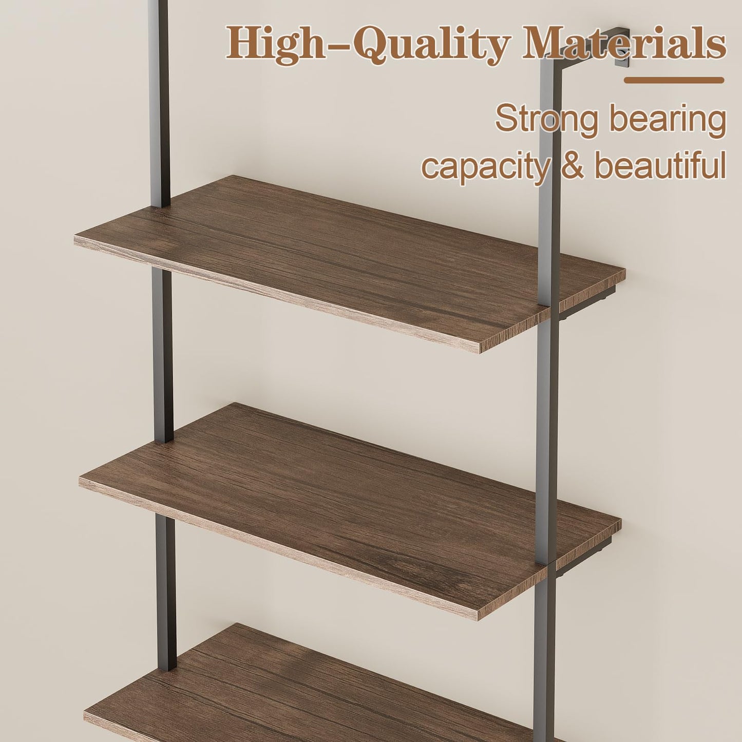 Wolawu 5 Tiers Ladder Shelf Brown Modern Bookshelf Open Tall Wall Mount Bookcase Standing Leaning Wall Shelves Industrial Decorative Living Room Bed Room