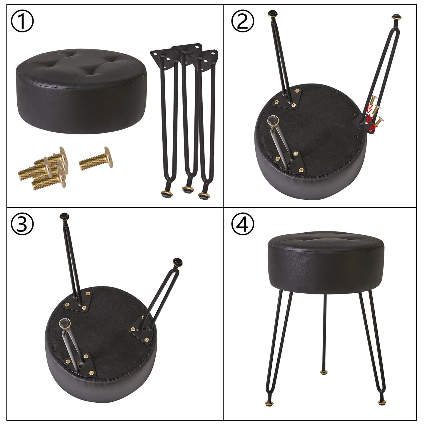 IBUYKE Faux Leather Round Footrest Stool, Makeup Vanity Stool Side Table, PU Dressing Table Seat, Pouf Couch Stool, Golden Steel Legs, Black LG-31B